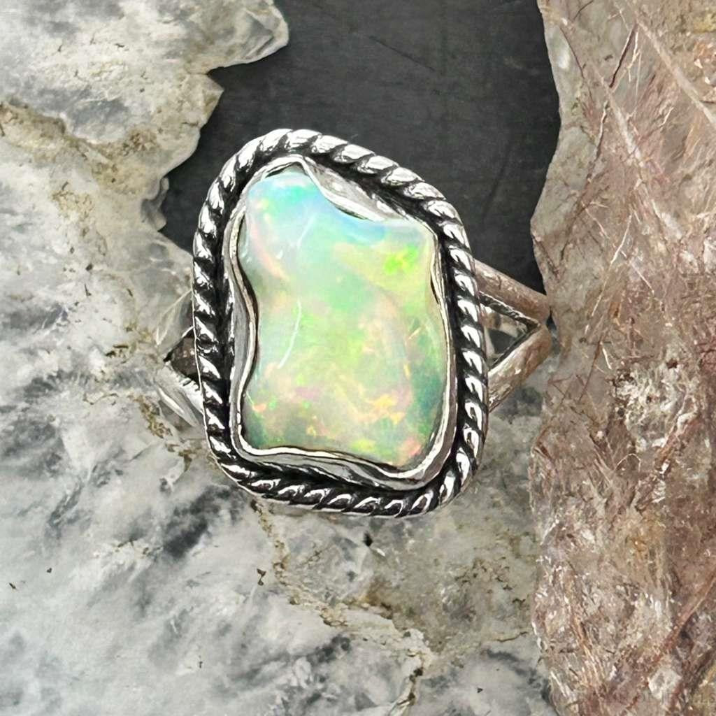 Sterling Silver Southwestern Style Natural Shape Opal Ring Size 7.25 For Women #1