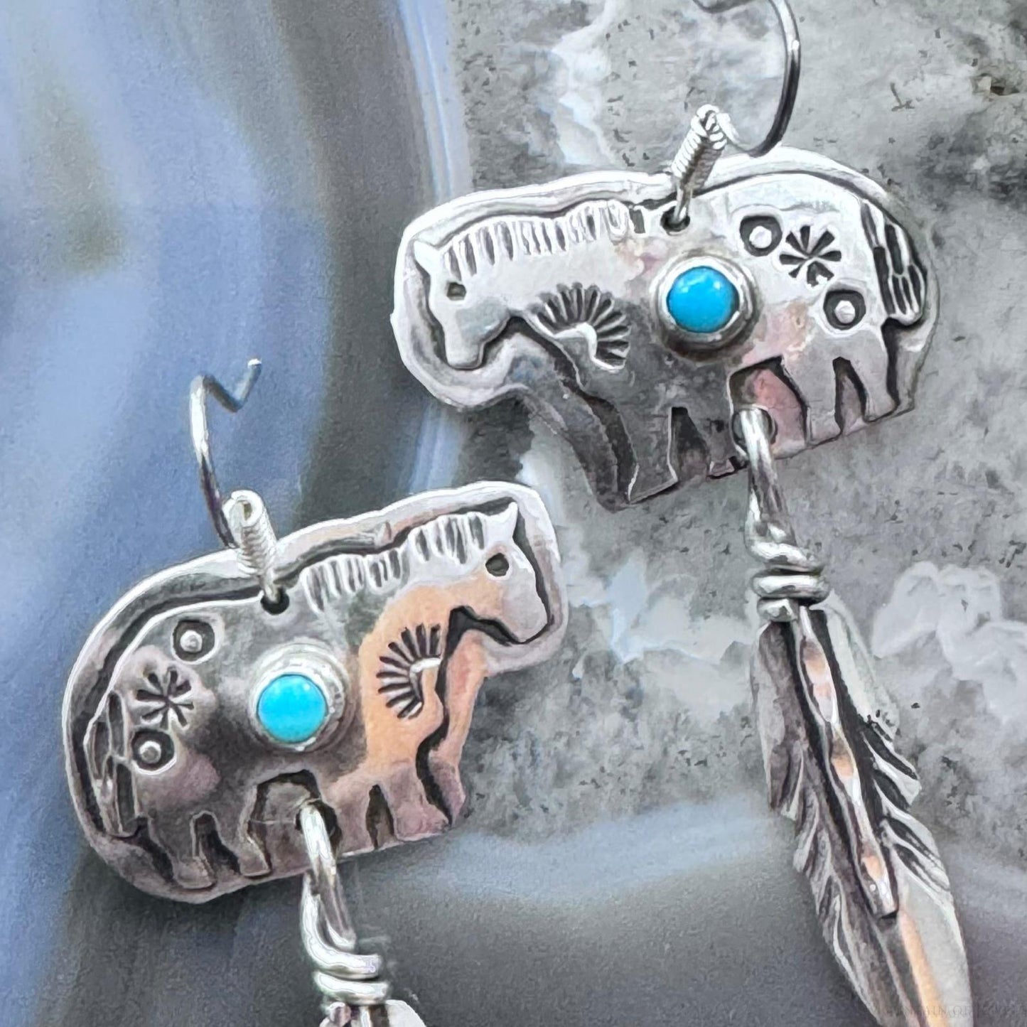 Native American Sterling Silver Horse w/Turquoise & Feather Dangle Earrings For Women