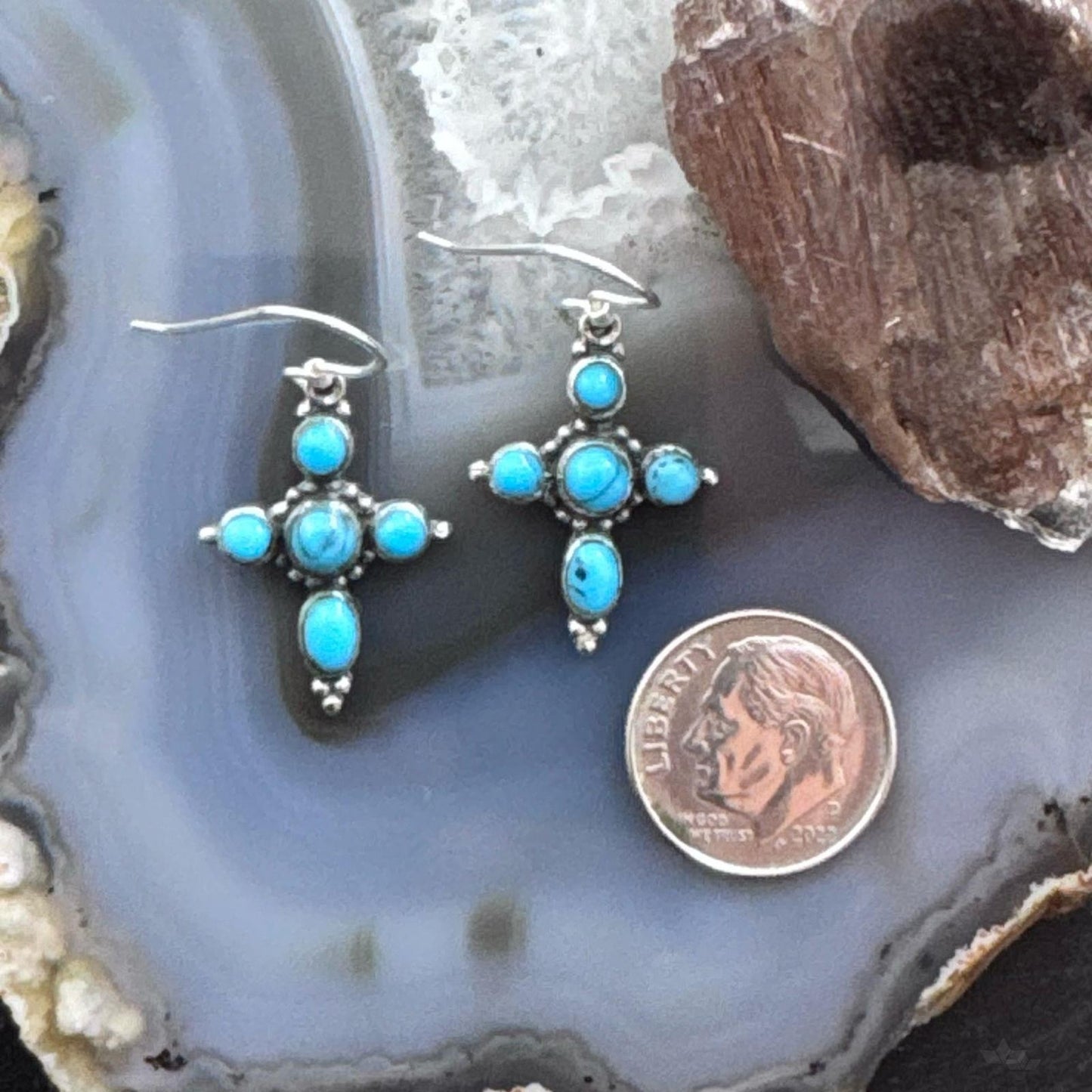 Sterling Silver Southwestern Style Turquoise Cross Dangle Earrings For Women