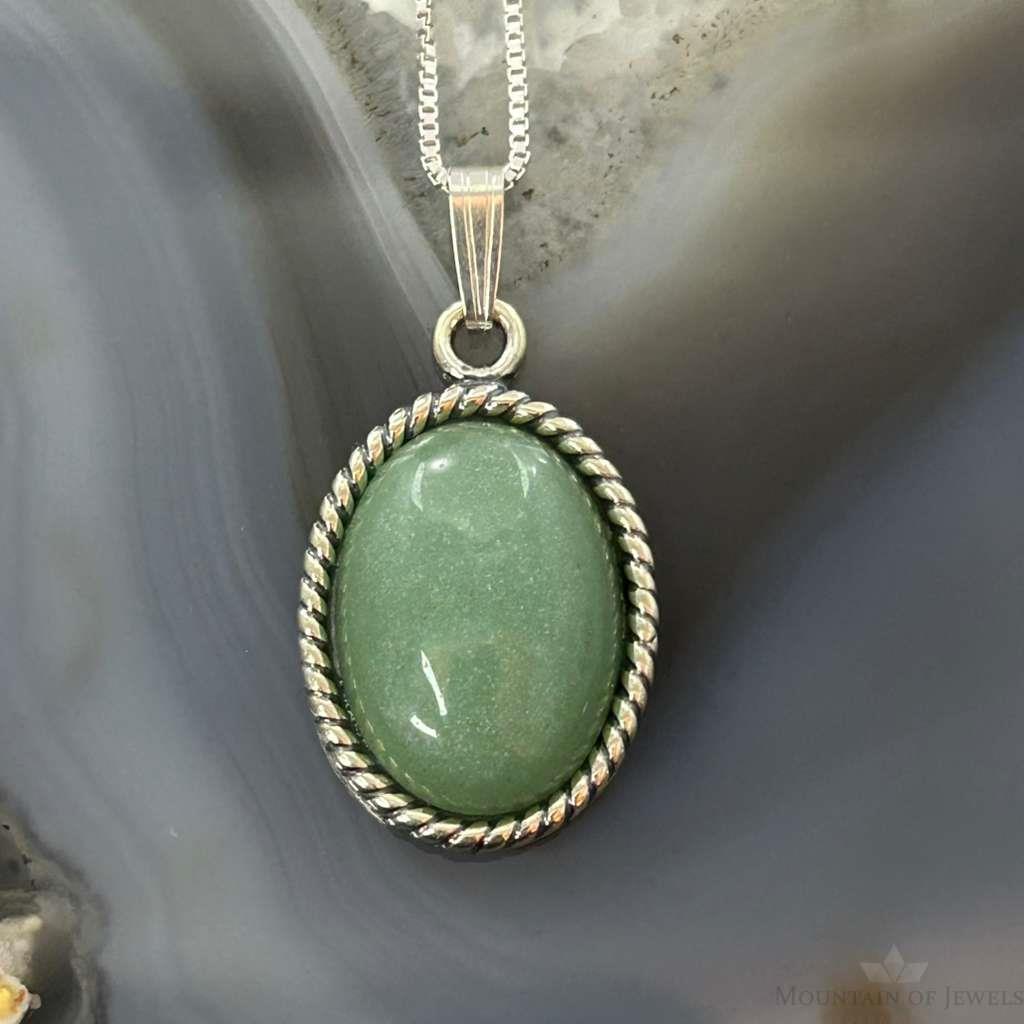 Carolyn Pollack Sterling Silver Oval Green Aventurine Pendant Necklace For Women