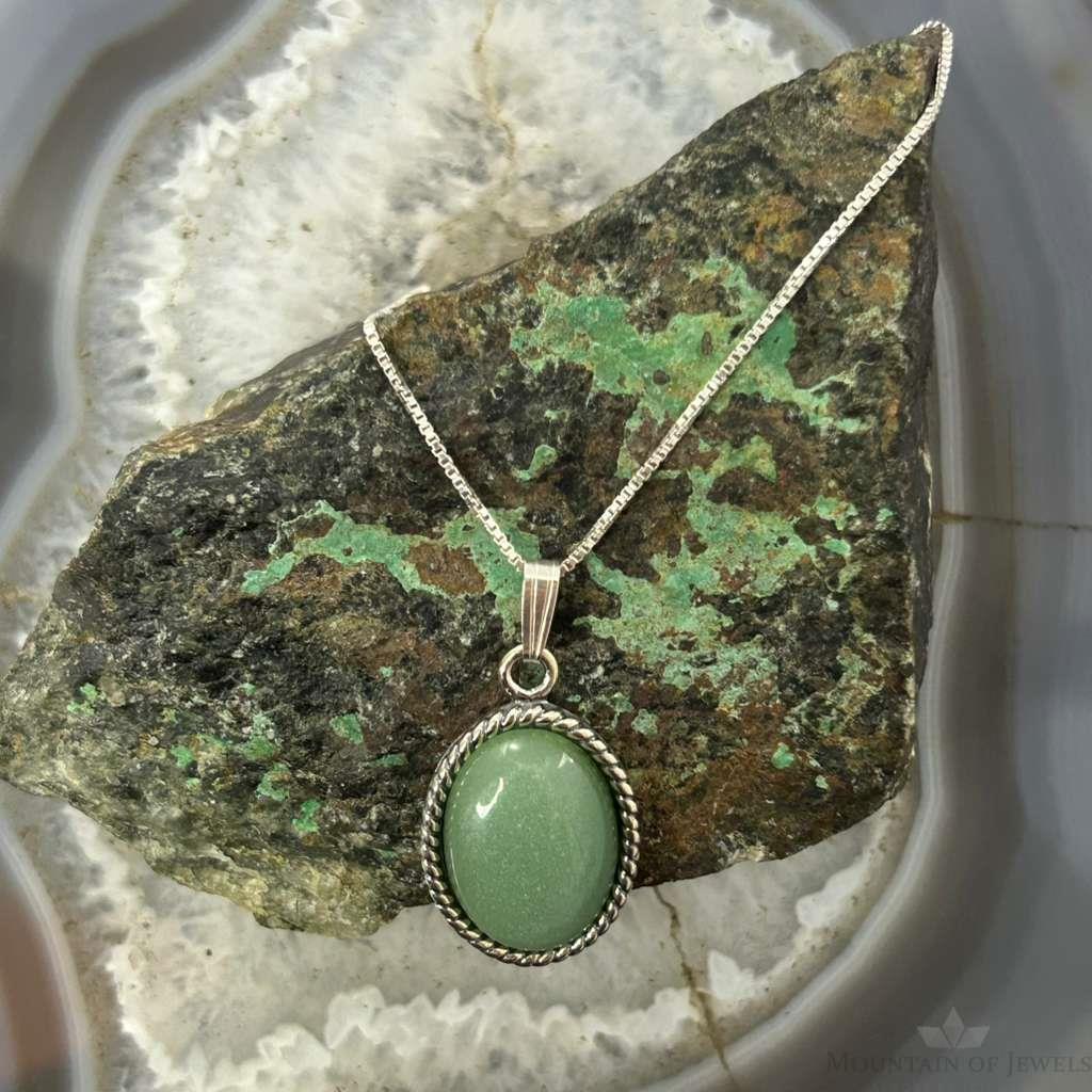 Carolyn Pollack Sterling Silver Oval Green Aventurine Pendant Necklace For Women