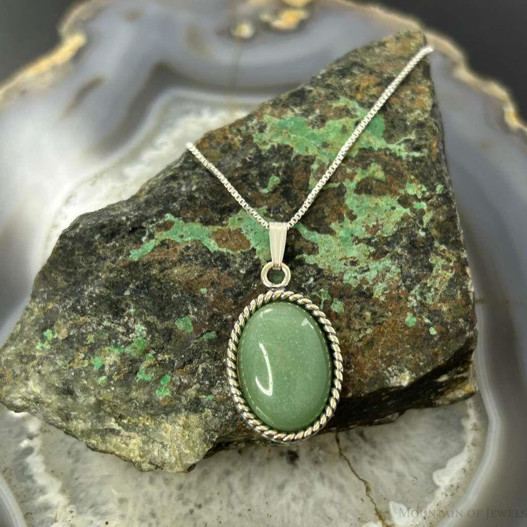 Carolyn Pollack Sterling Silver Oval Green Aventurine Pendant Necklace For Women