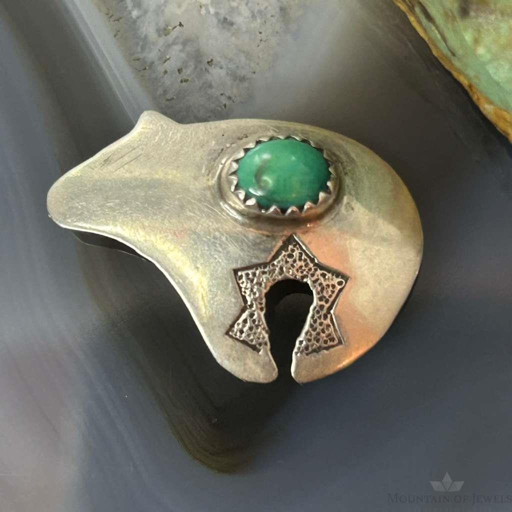 Signed Vintage Native American Sterling Fetish Bear w/Turquoise Brooch For Women