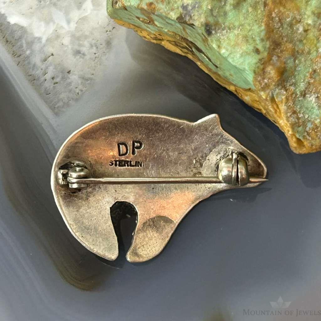 Signed Vintage Native American Sterling Fetish Bear w/Turquoise Brooch For Women