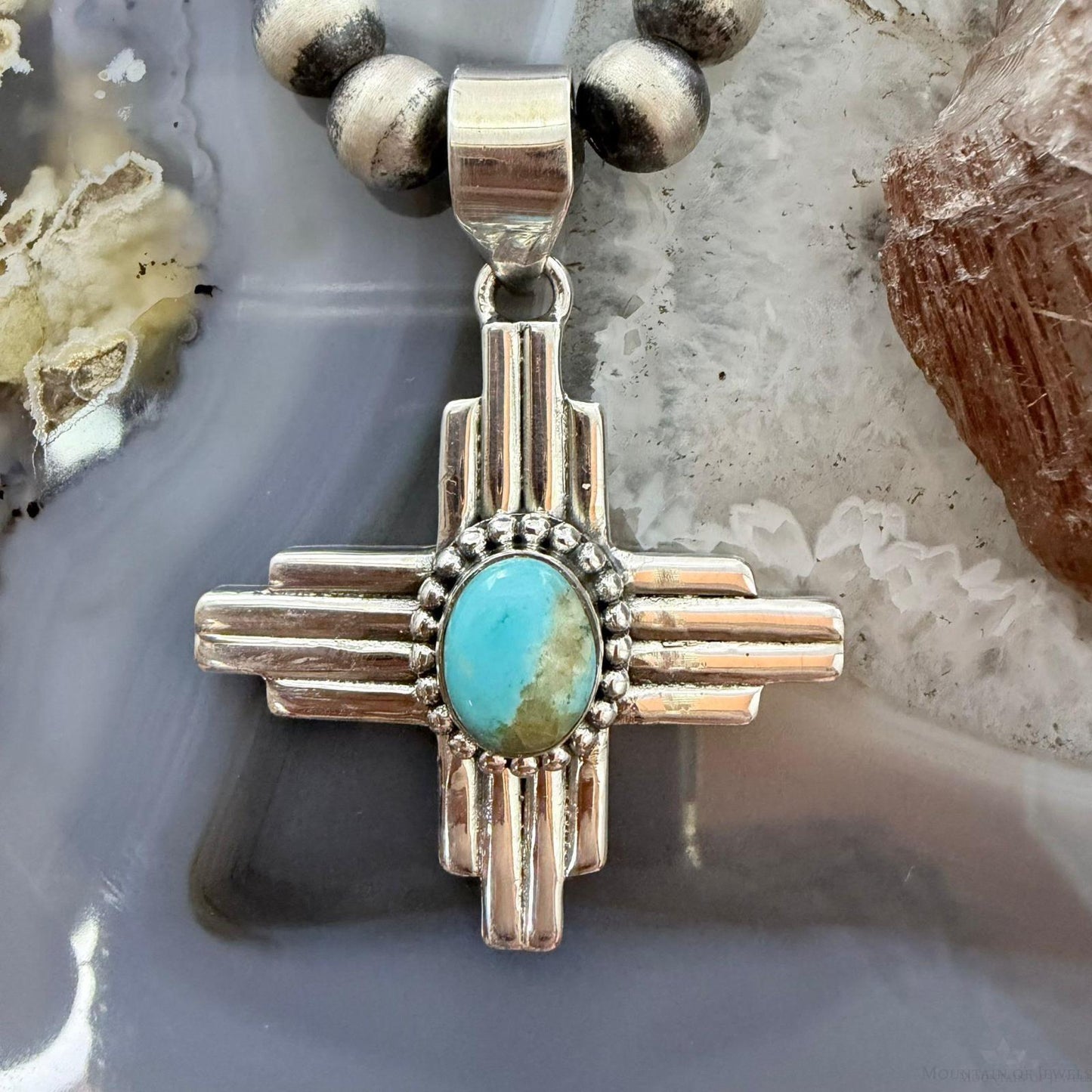 Sterling Silver Southwestern Style Oval Mohave Turquoise Unisex Zia Pendant #2