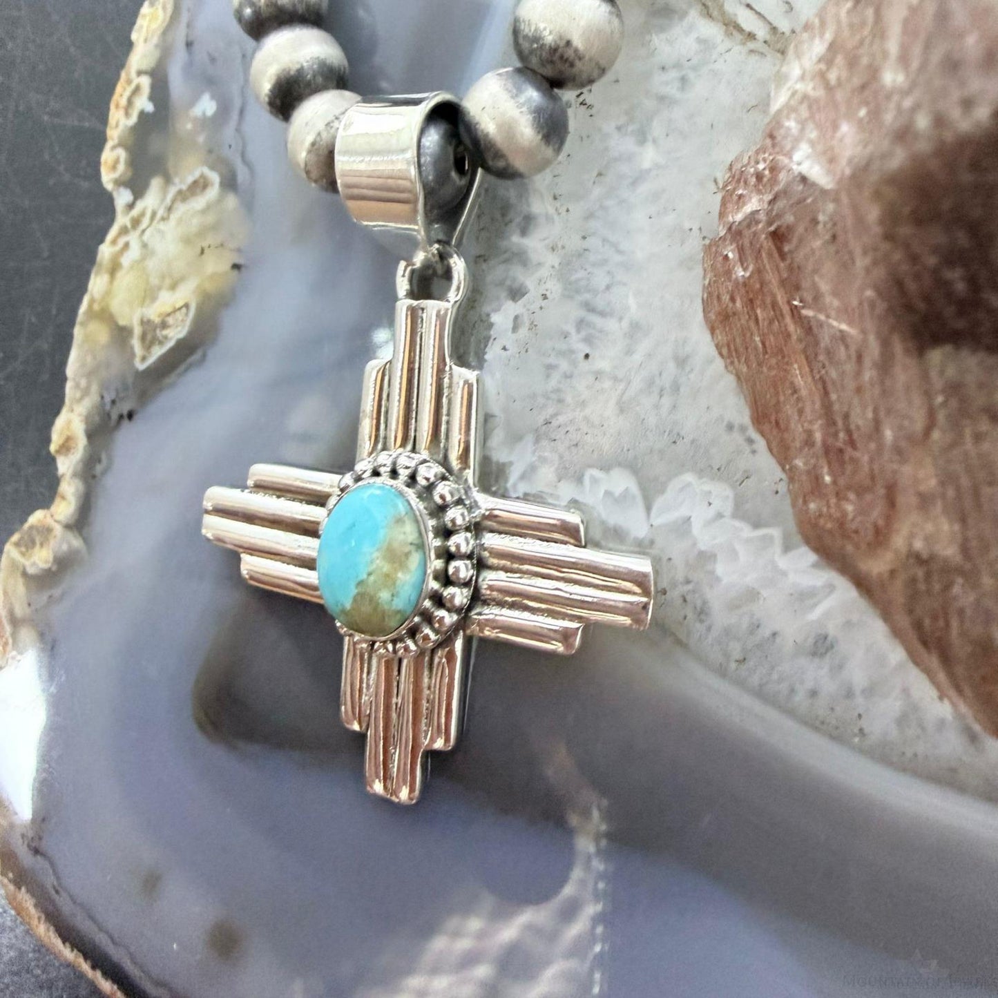 Sterling Silver Southwestern Style Oval Mohave Turquoise Unisex Zia Pendant #2