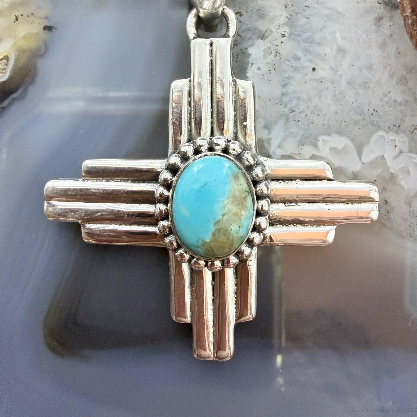 Sterling Silver Southwestern Style Oval Mohave Turquoise Unisex Zia Pendant #2