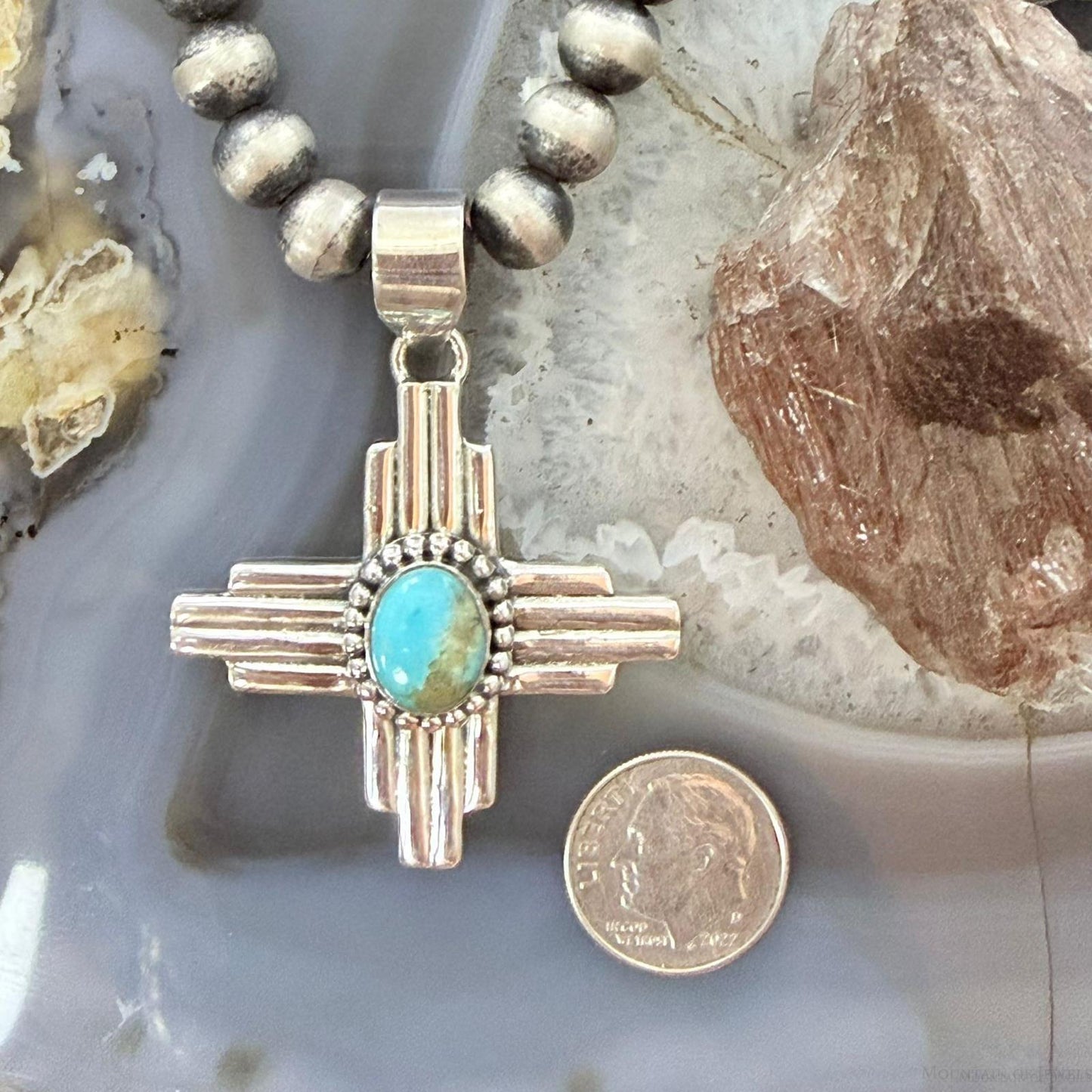 Sterling Silver Southwestern Style Oval Mohave Turquoise Unisex Zia Pendant #2