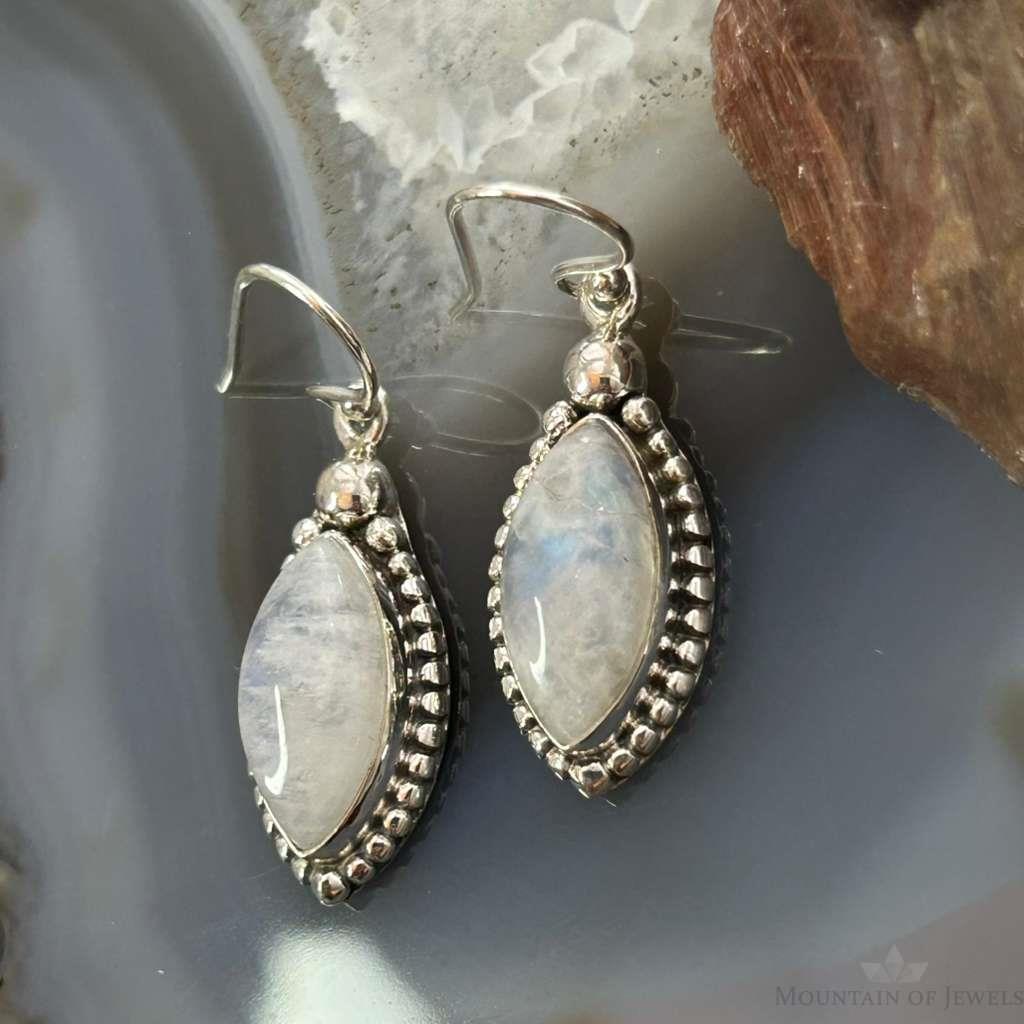 Sterling Silver Southwestern Style Marquise Moonstone Dangle Earrings For Women