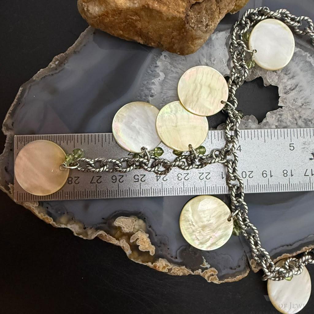 Carolyn Pollack Sterling Silver MOP Disc,Peridot Twisted Link Chain 20" Necklace