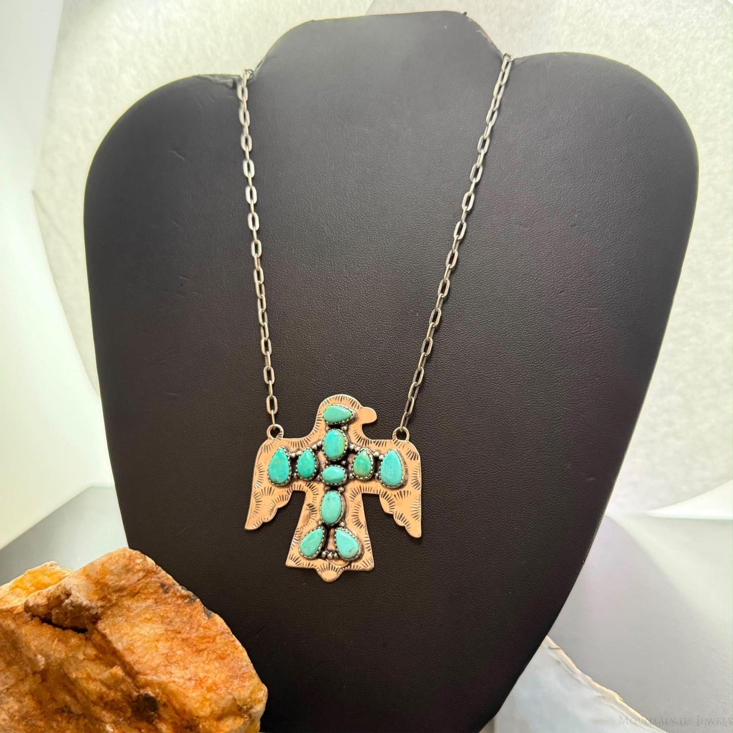 Sterling Silver Southwestern Style Kingman Turquoise Thunderbird Pendant Necklace For Women