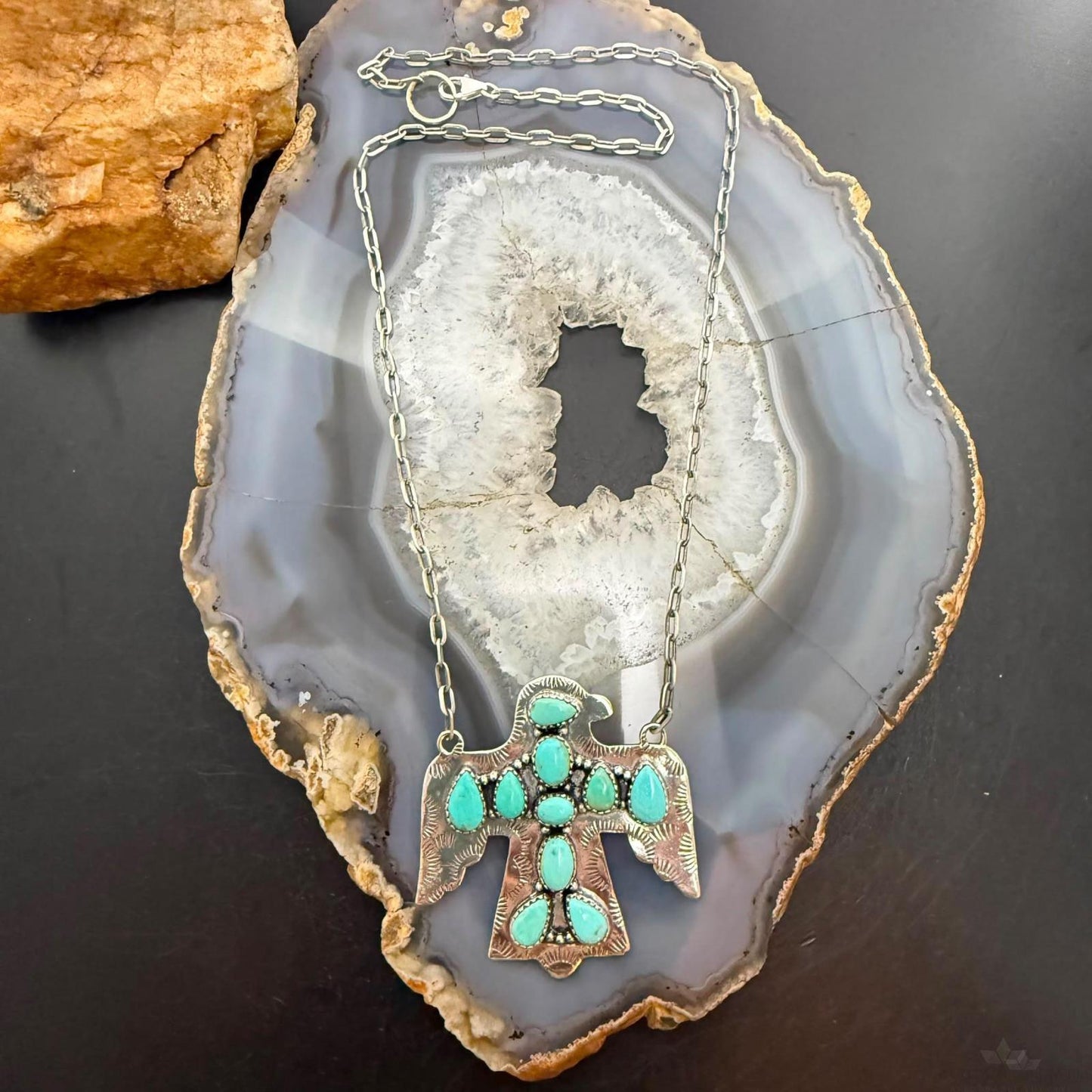 Sterling Silver Southwestern Style Kingman Turquoise Thunderbird Pendant Necklace For Women