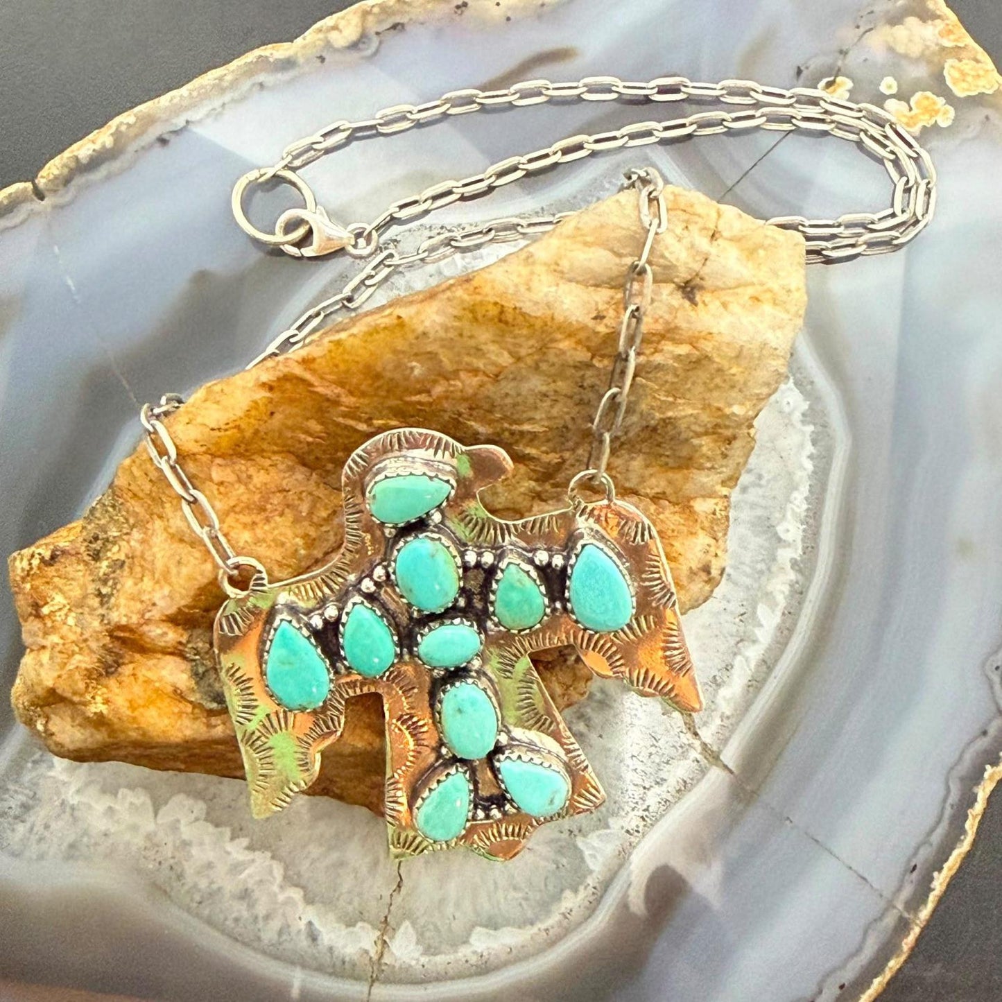 Sterling Silver Southwestern Style Kingman Turquoise Thunderbird Pendant Necklace For Women