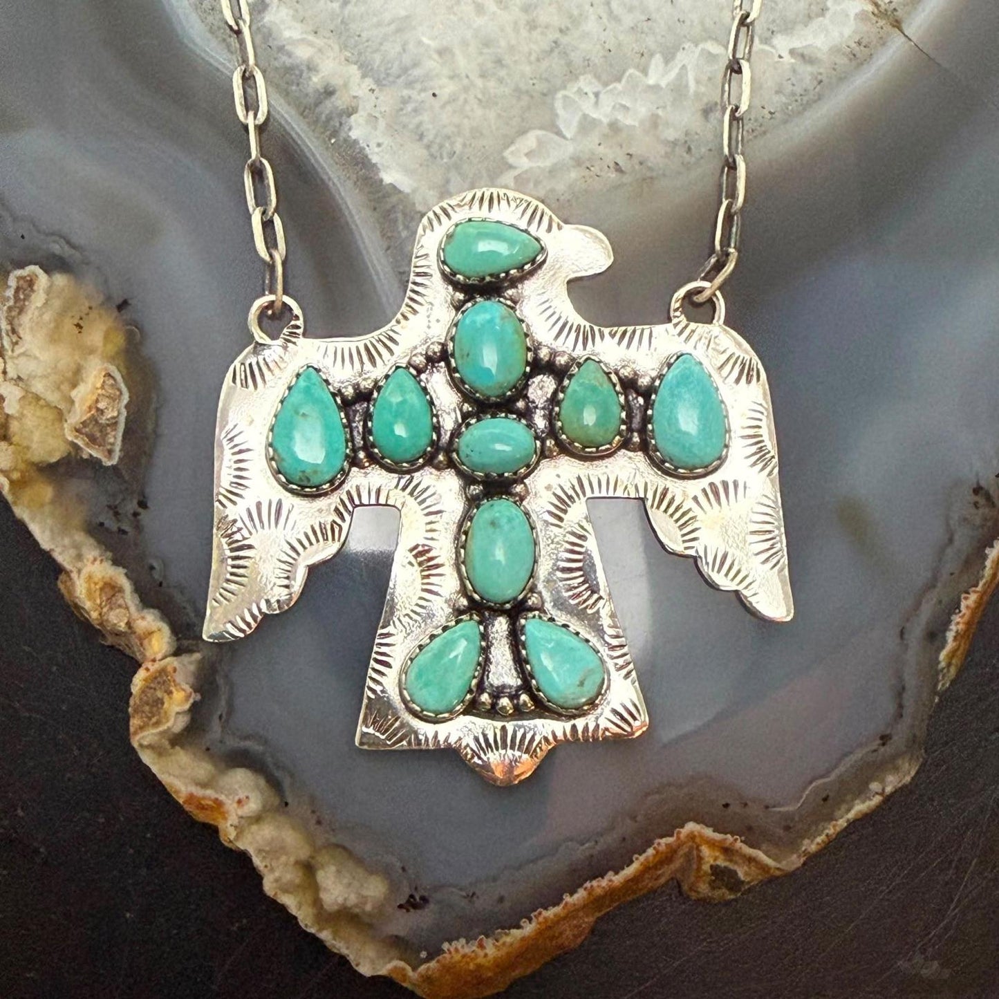 Sterling Silver Southwestern Style Kingman Turquoise Thunderbird Pendant Necklace For Women