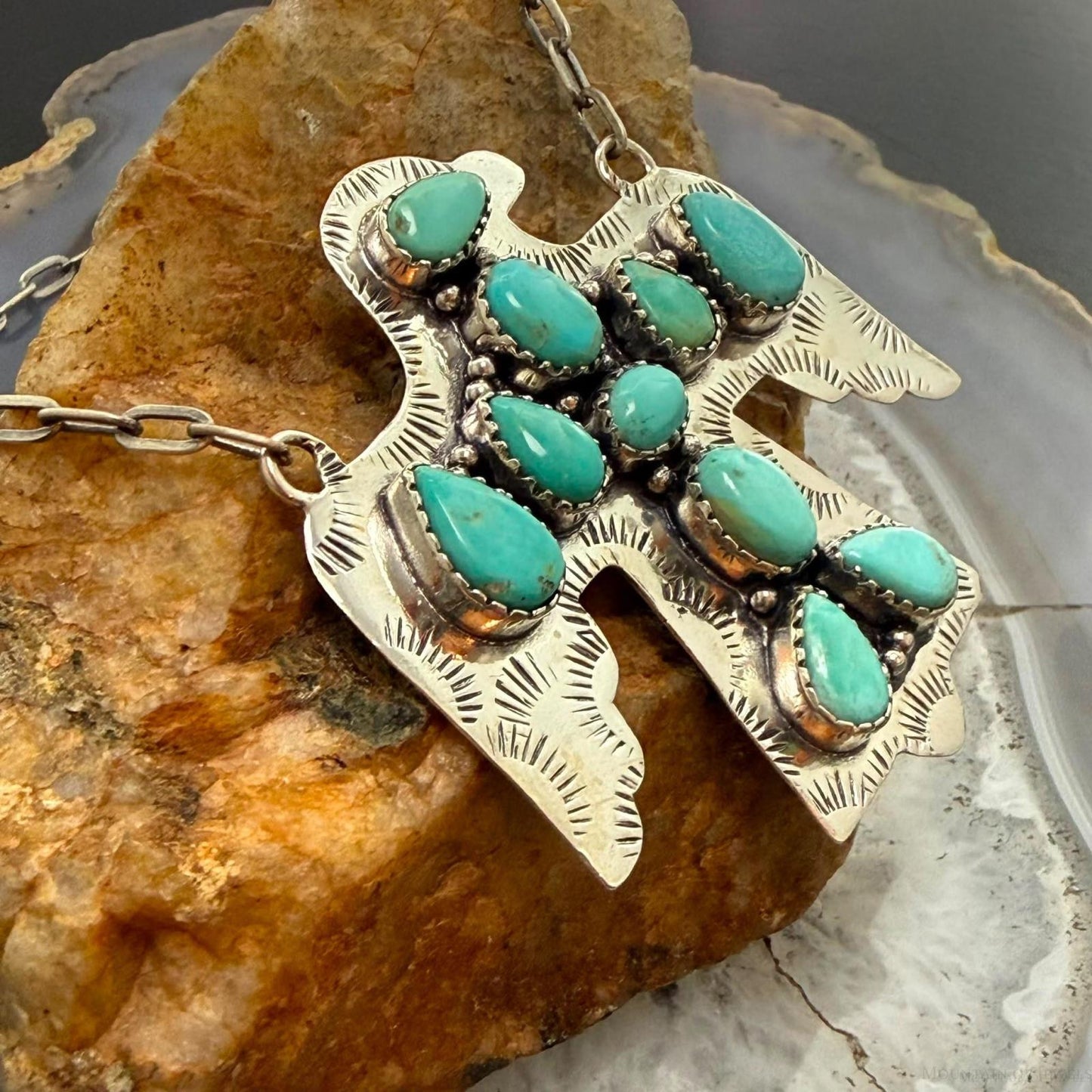 Sterling Silver Southwestern Style Kingman Turquoise Thunderbird Pendant Necklace For Women