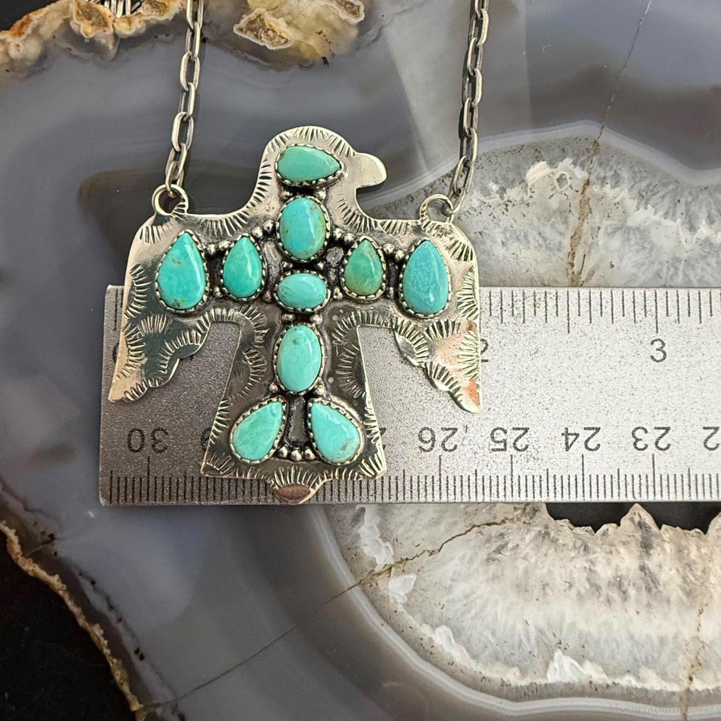 Sterling Silver Southwestern Style Kingman Turquoise Thunderbird Pendant Necklace For Women