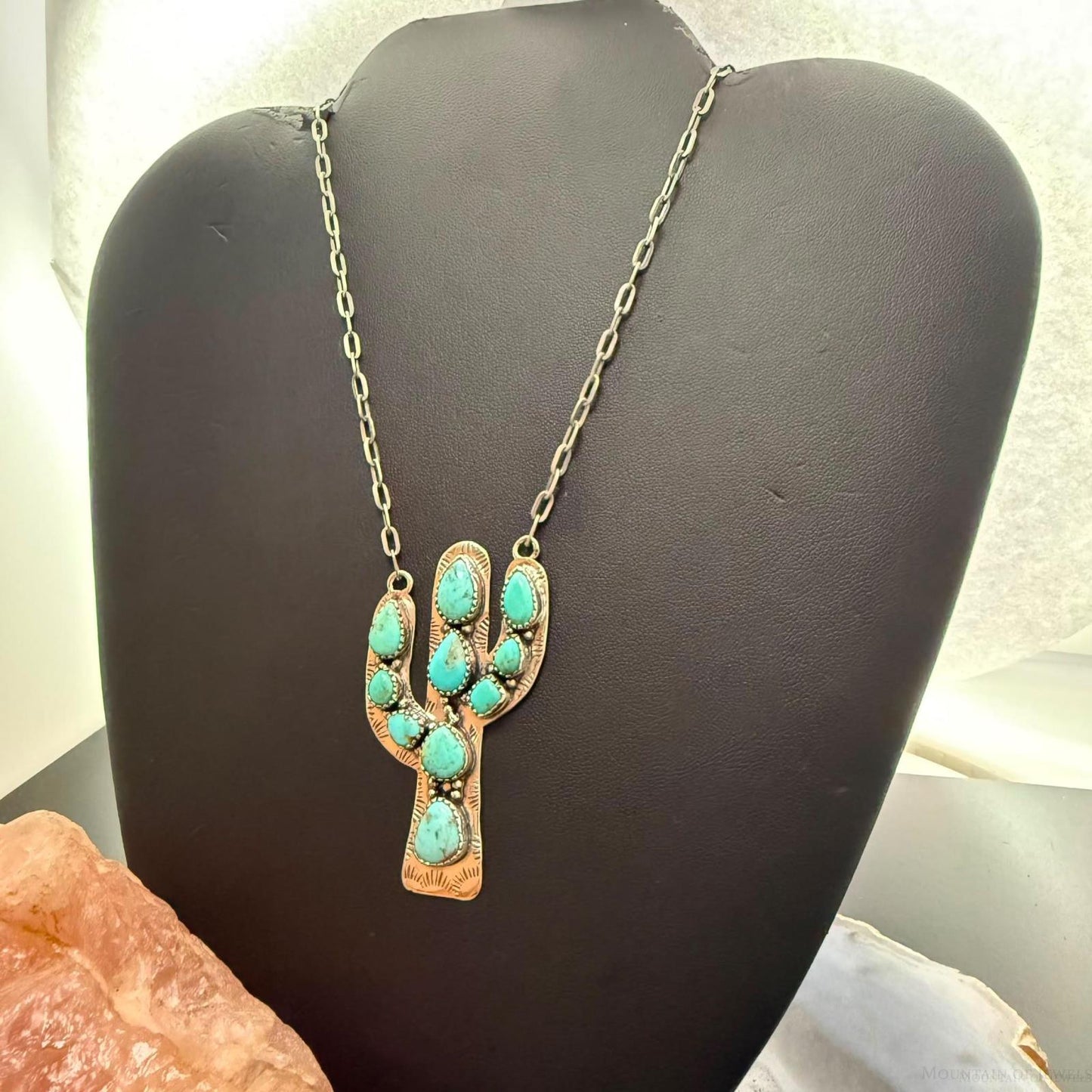 Sterling Silver Southwestern Style Kingman Turquoise Cactus Pendant Necklace For Women