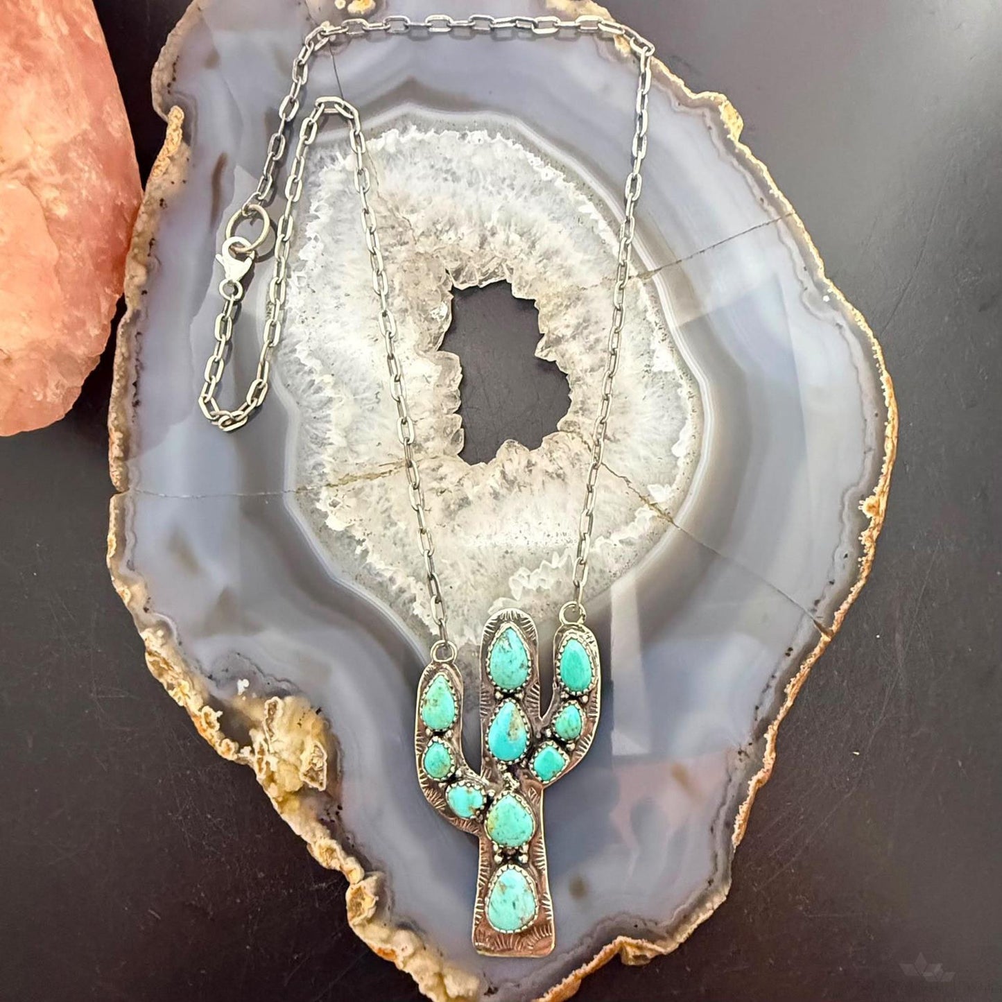 Sterling Silver Southwestern Style Kingman Turquoise Cactus Pendant Necklace For Women