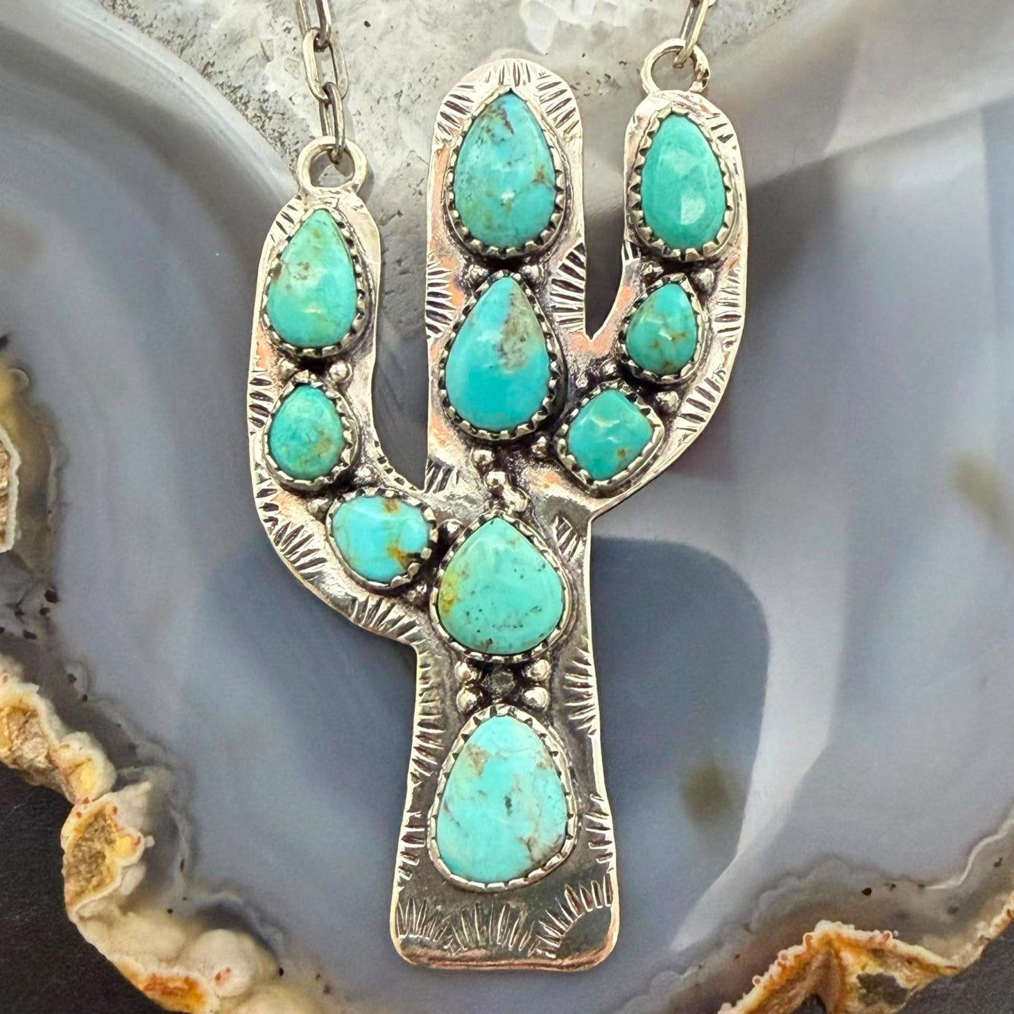 Sterling Silver Southwestern Style Kingman Turquoise Cactus Pendant Necklace For Women