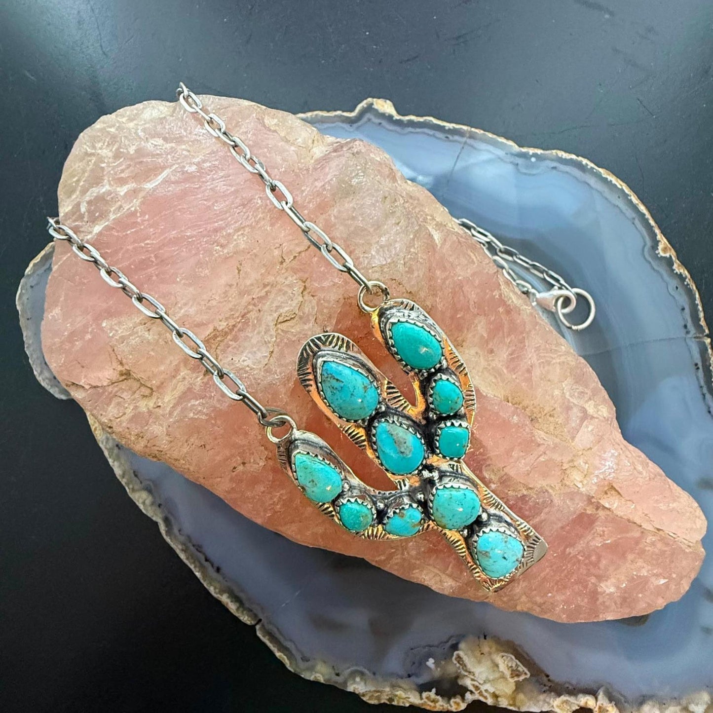 Sterling Silver Southwestern Style Kingman Turquoise Cactus Pendant Necklace For Women