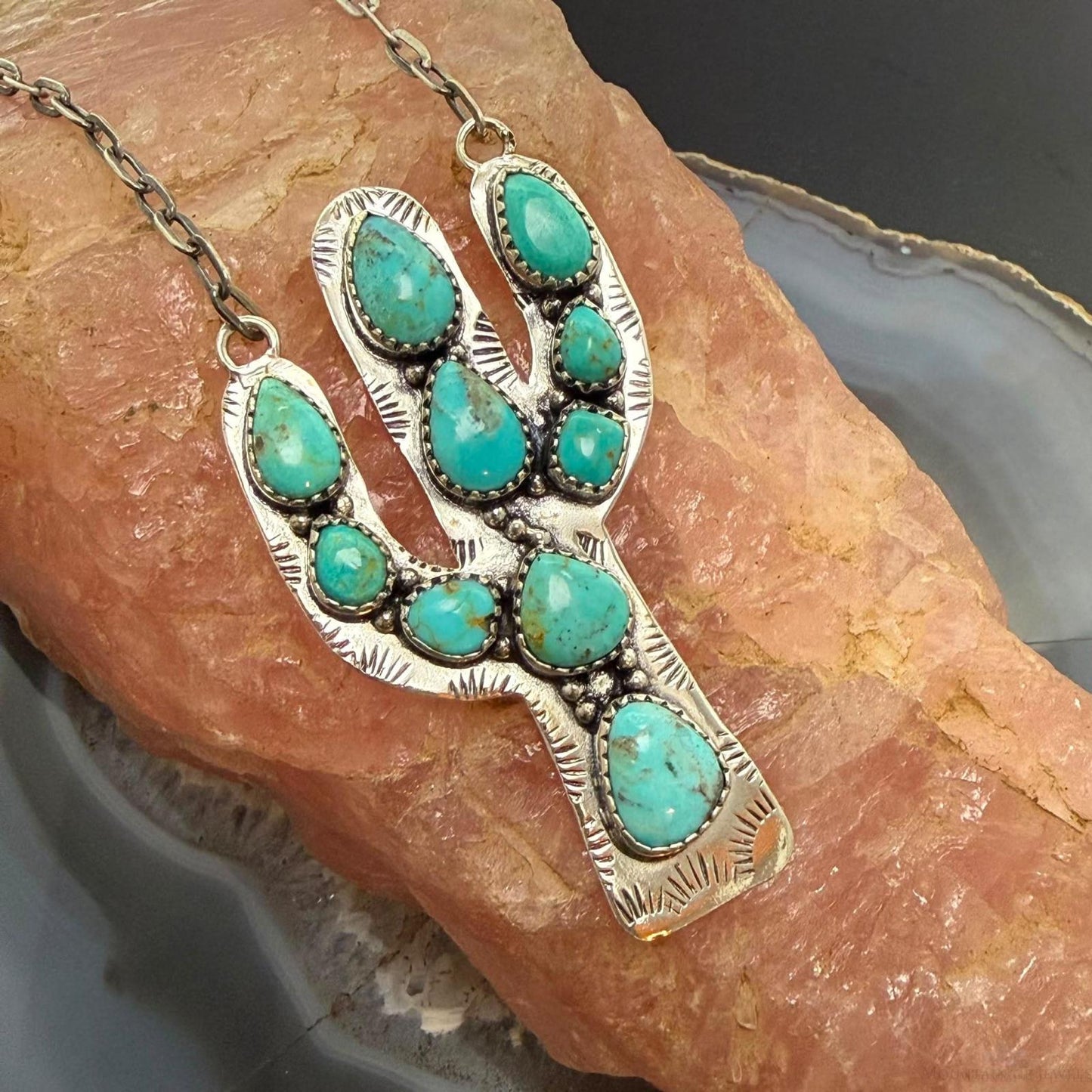 Sterling Silver Southwestern Style Kingman Turquoise Cactus Pendant Necklace For Women