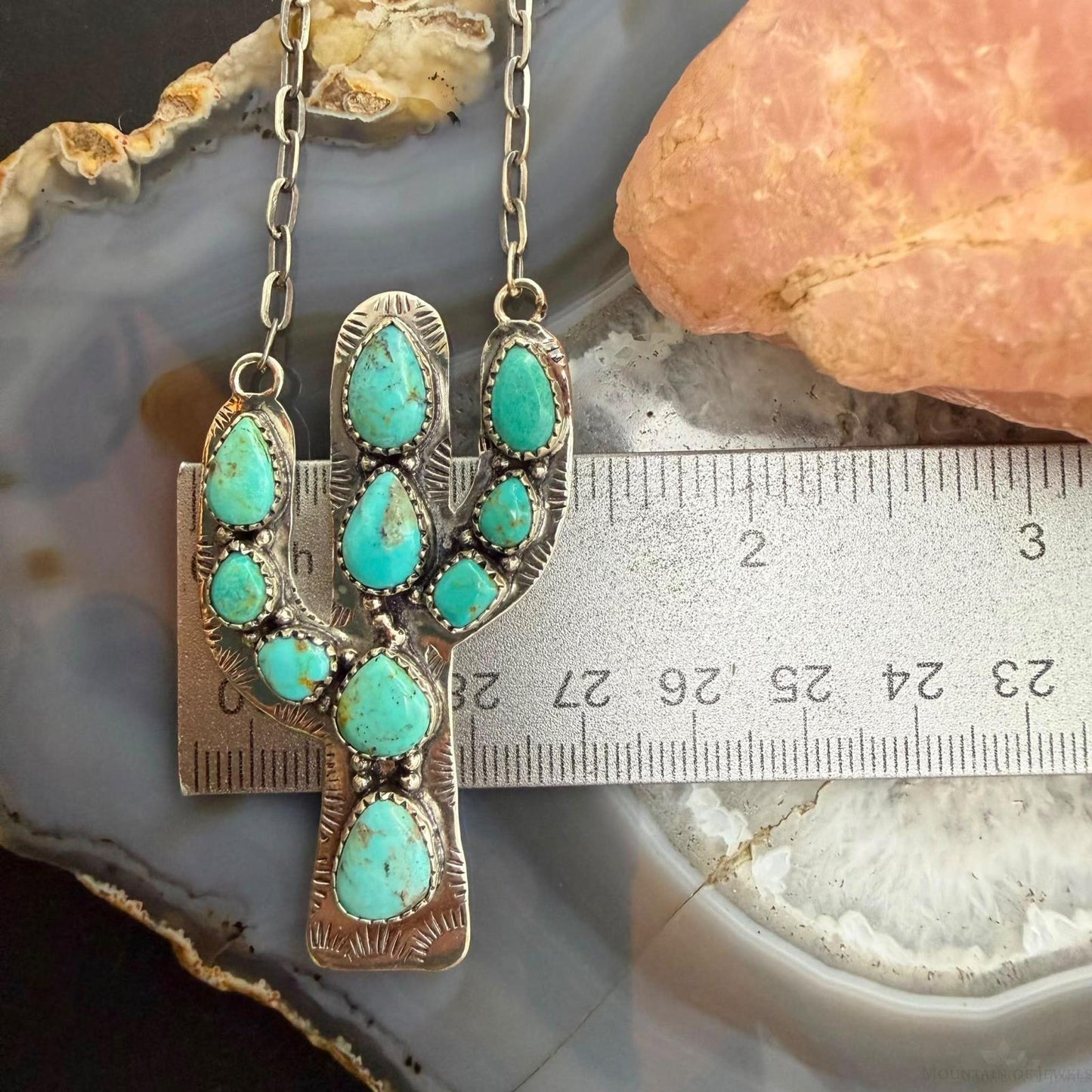 Sterling Silver Southwestern Style Kingman Turquoise Cactus Pendant Necklace For Women