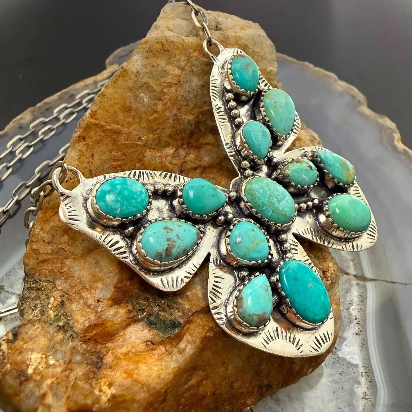 Sterling Silver Southwestern Style Kingman Turquoise Butterfly Pendant Necklace For Women #1