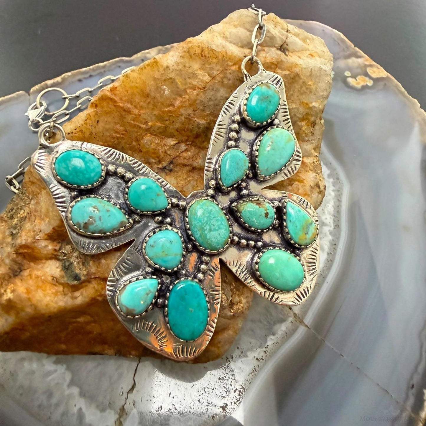 Sterling Silver Southwestern Style Kingman Turquoise Butterfly Pendant Necklace For Women #1