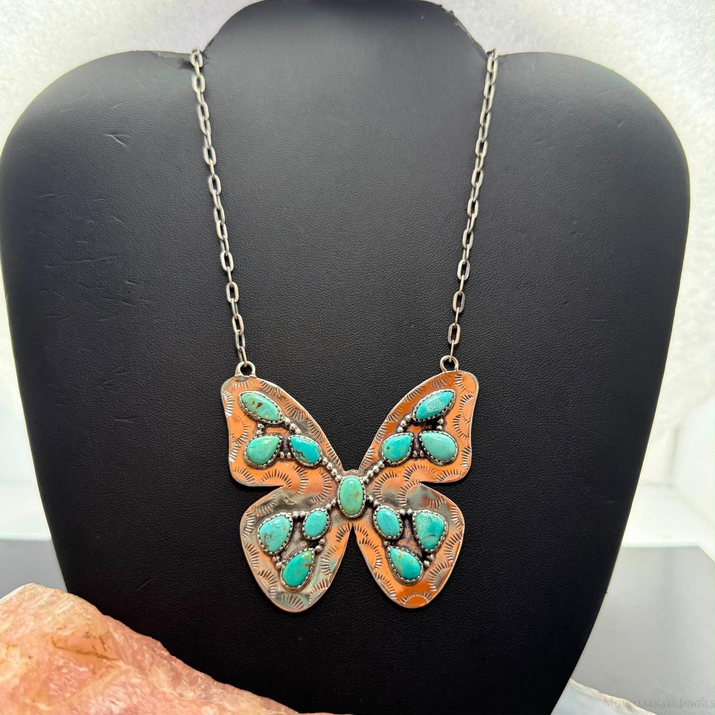 Sterling Silver Southwestern Style Kingman Turquoise Butterfly Pendant 22.5" Necklace For Women