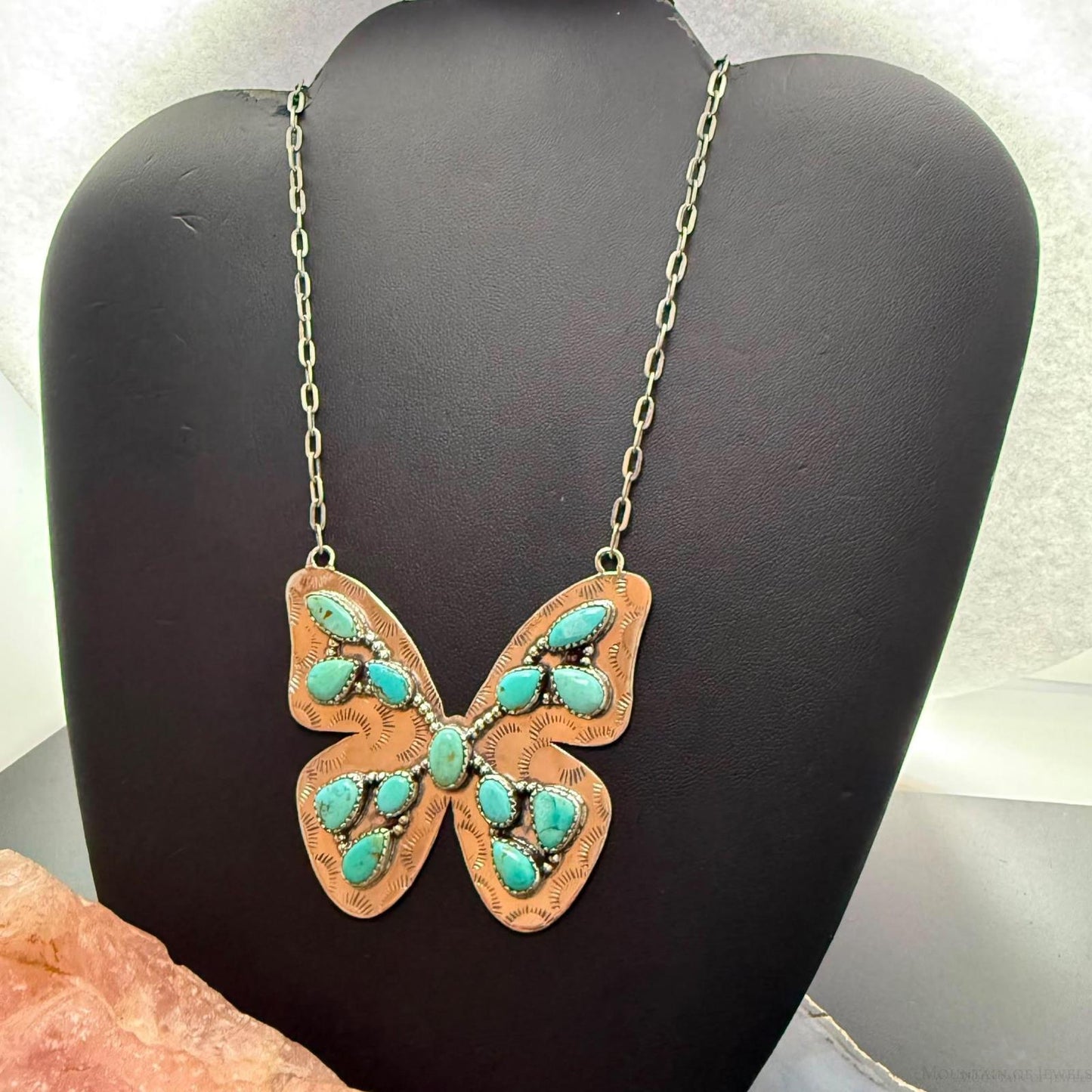 Sterling Silver Southwestern Style Kingman Turquoise Butterfly Pendant 22.5" Necklace For Women