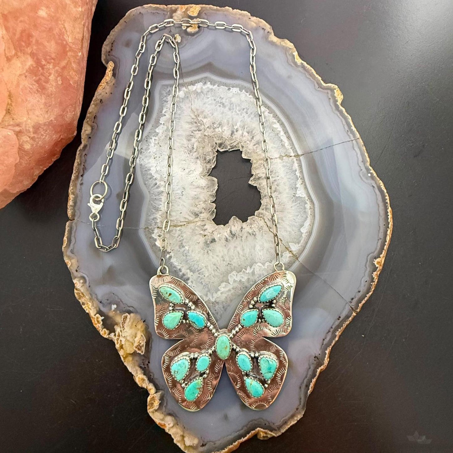 Sterling Silver Southwestern Style Kingman Turquoise Butterfly Pendant 22.5" Necklace For Women