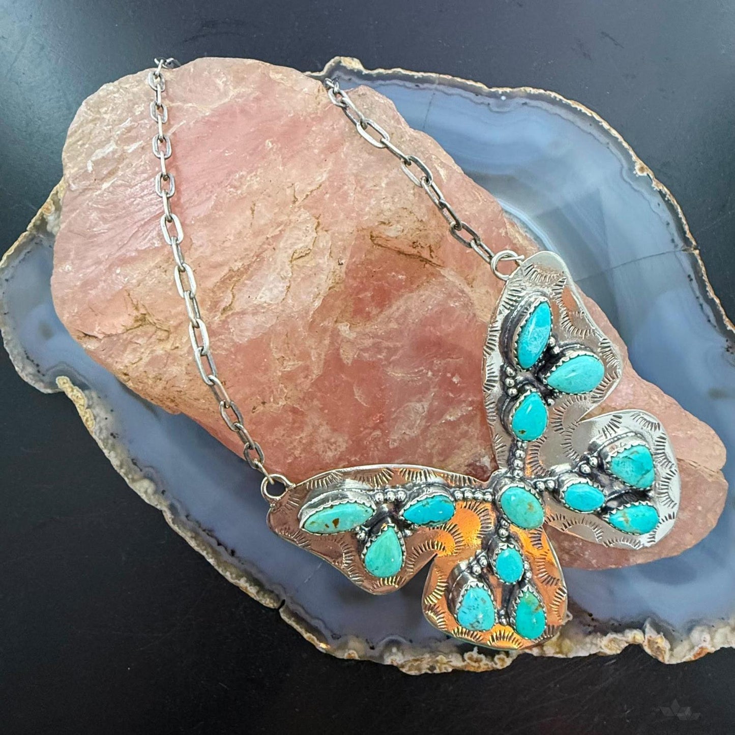 Sterling Silver Southwestern Style Kingman Turquoise Butterfly Pendant 22.5" Necklace For Women