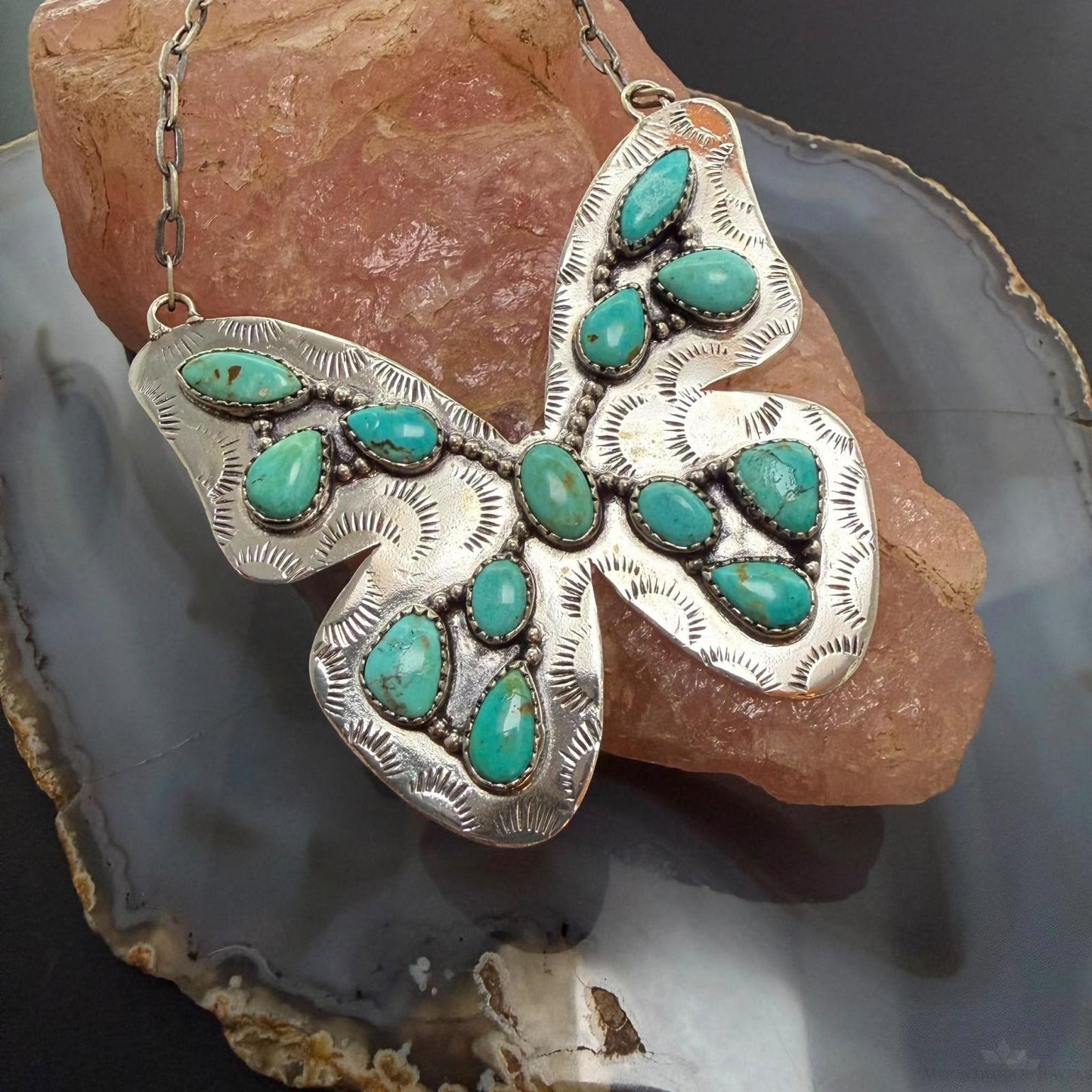 Sterling Silver Southwestern Style Kingman Turquoise Butterfly Pendant 22.5" Necklace For Women