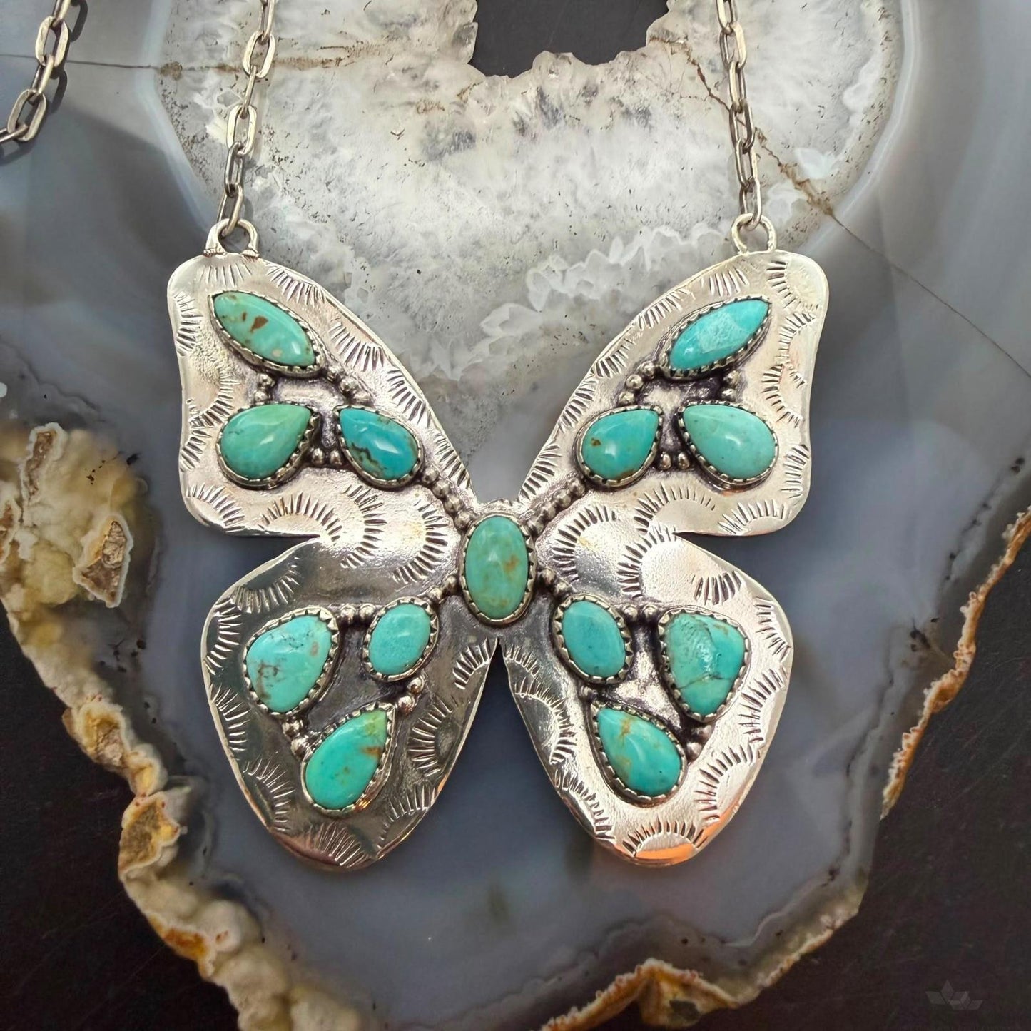 Sterling Silver Southwestern Style Kingman Turquoise Butterfly Pendant 22.5" Necklace For Women