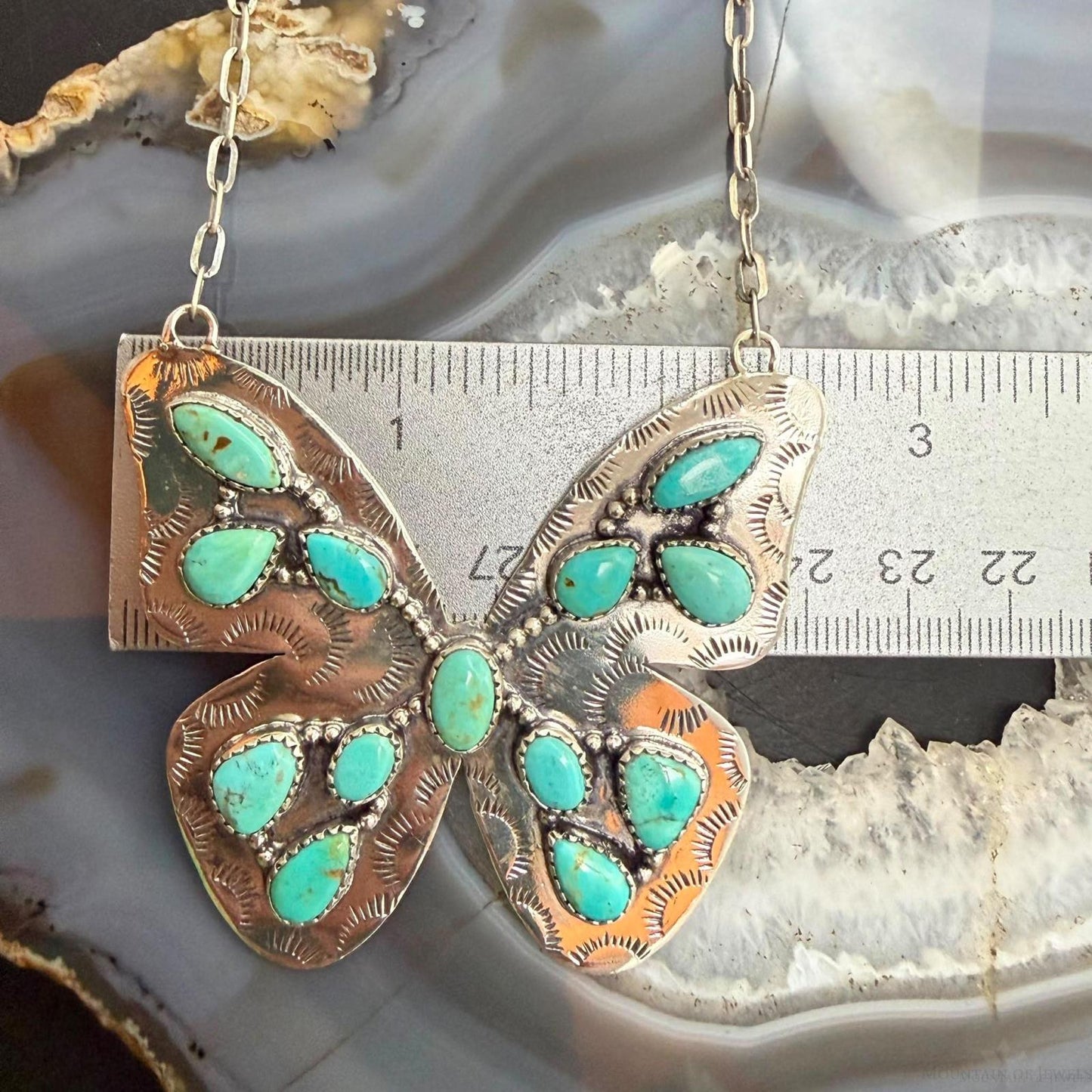 Sterling Silver Southwestern Style Kingman Turquoise Butterfly Pendant 22.5" Necklace For Women