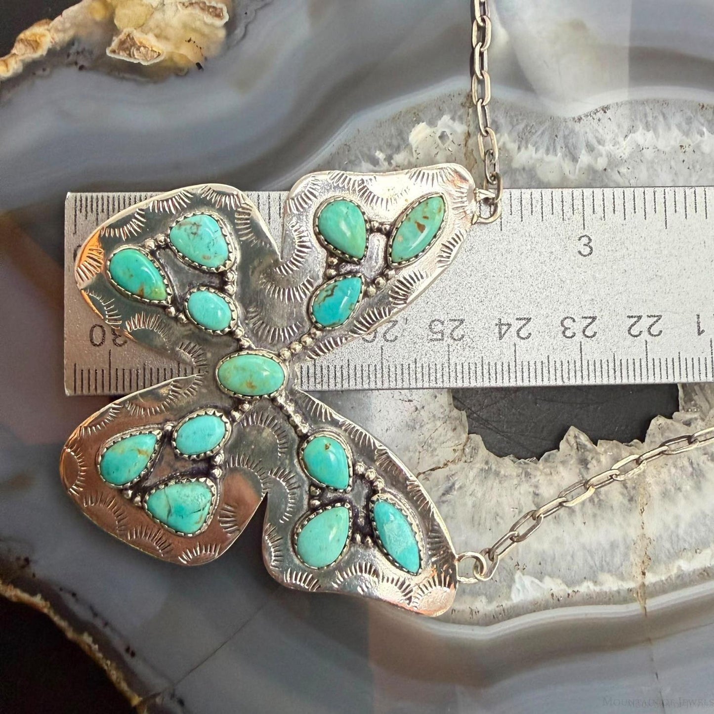 Sterling Silver Southwestern Style Kingman Turquoise Butterfly Pendant 22.5" Necklace For Women