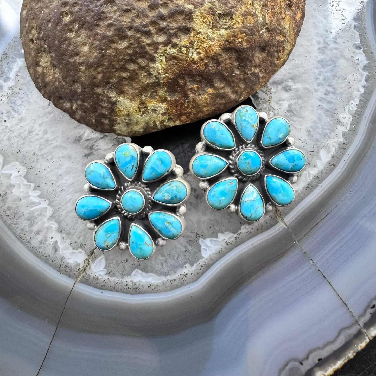 Sterling Silver Southwestern Style Turquoise Cluster Stud Earrings For Women