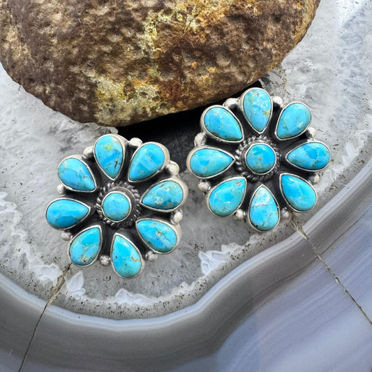 Sterling Silver Southwestern Style Turquoise Cluster Stud Earrings For Women