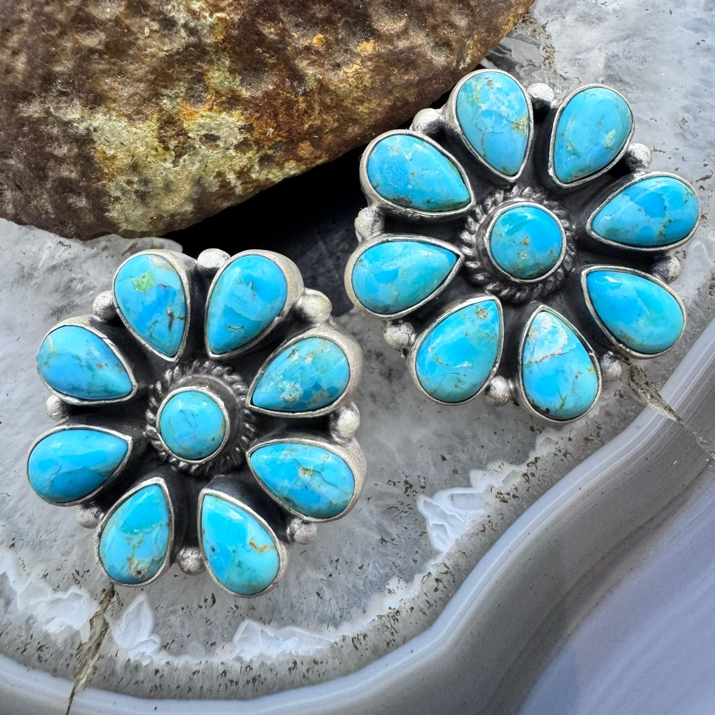 Sterling Silver Southwestern Style Turquoise Cluster Stud Earrings For Women