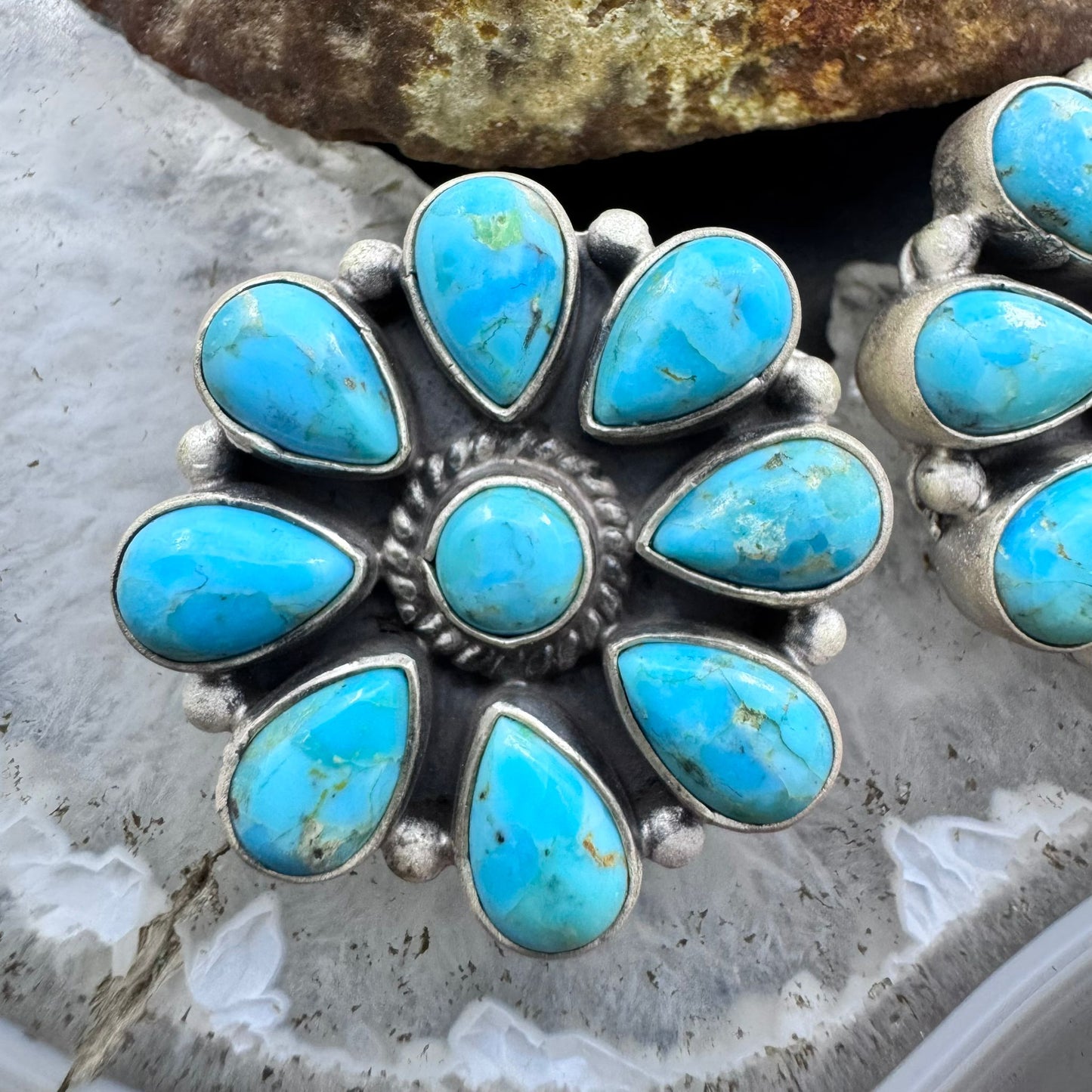 Sterling Silver Southwestern Style Turquoise Cluster Stud Earrings For Women