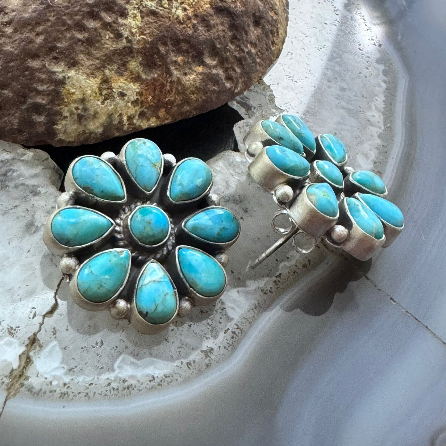 Sterling Silver Southwestern Style Turquoise Cluster Stud Earrings For Women