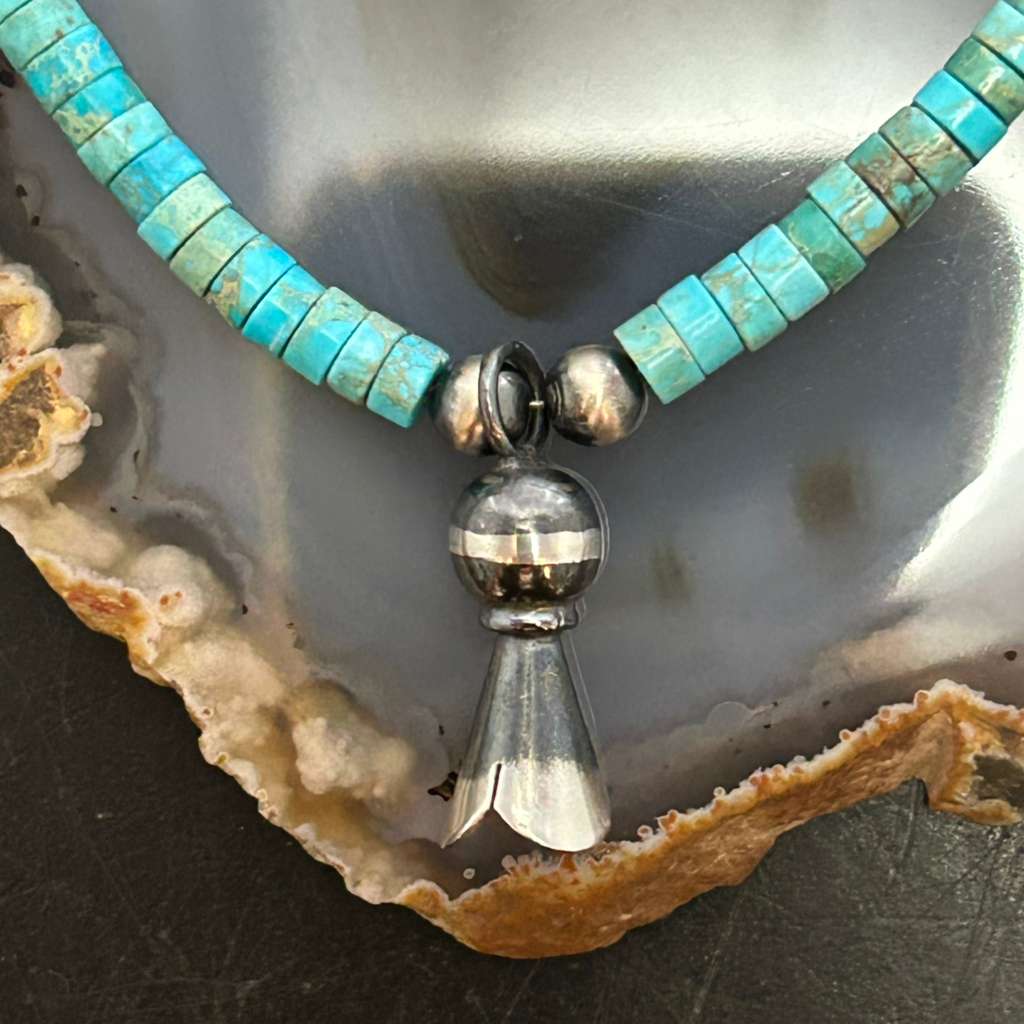 Sterling Silver Turquoise & Navajo Pearl Beads With Squash Blossom Necklace For Women