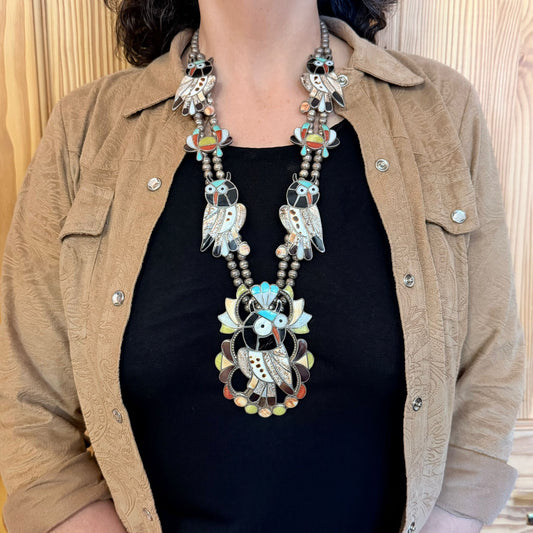 Vintage Native American Silver Bead Multistone Zuni Inlay 5 Owl Necklace