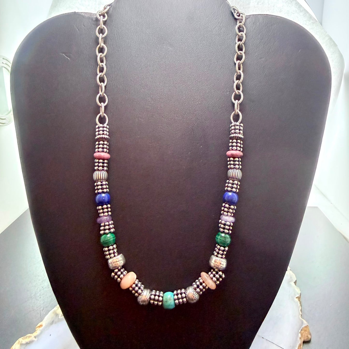 Carolyn Pollack Sterling Silver Multistone Beads Adjustable 18" Necklace For Women