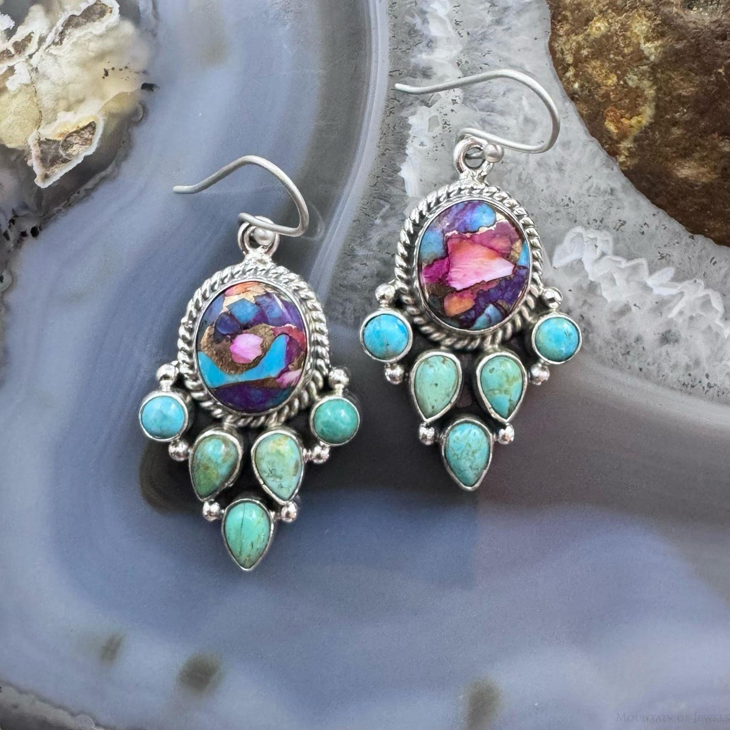 Sterling Silver Southwestern Style Turquoise & Pink Dahlia Dangle Earrings For Women