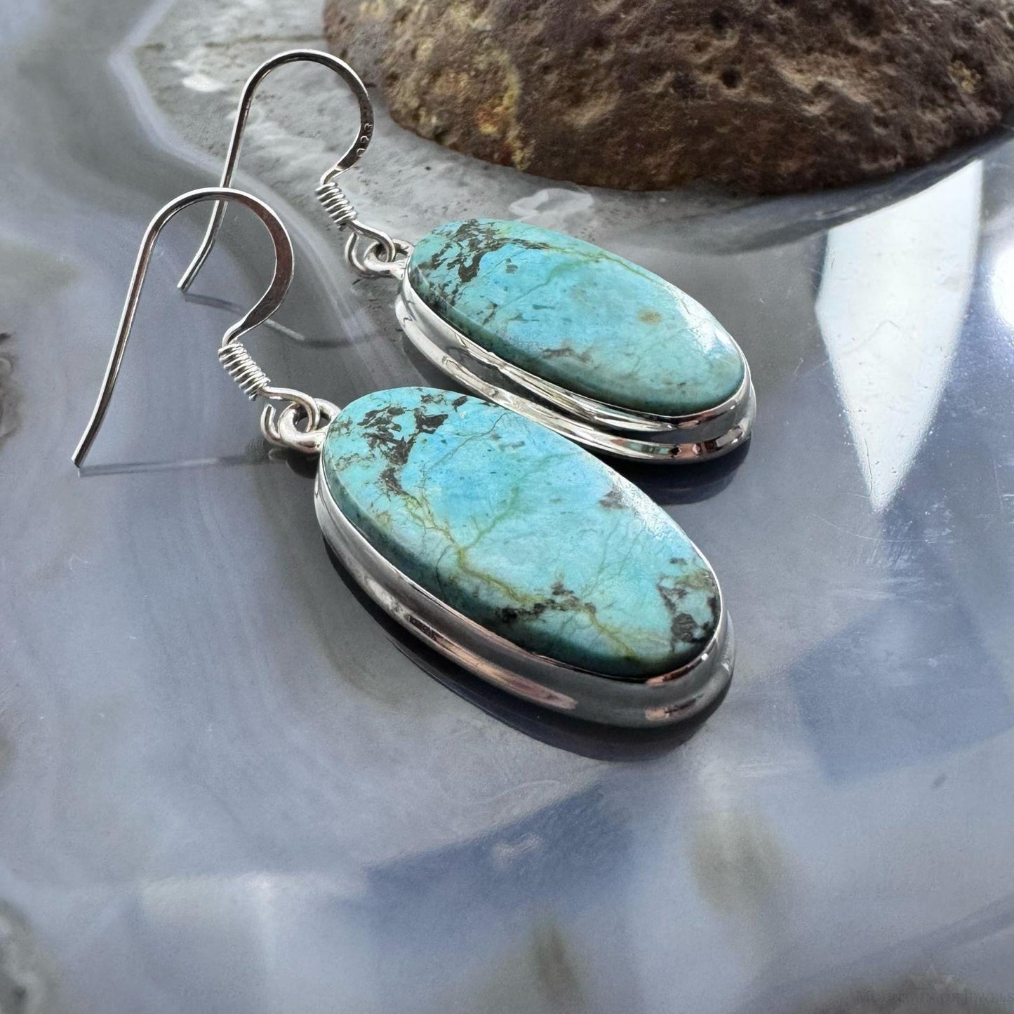 Sterling Silver Southwestern Style Oval Turquoise Dangle Earrings For Women