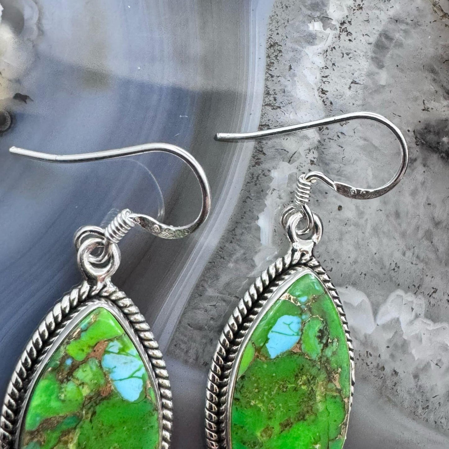 Sterling Silver Southwestern Style Marquise Green Cooper Turquoise Dangle Earrings For Women