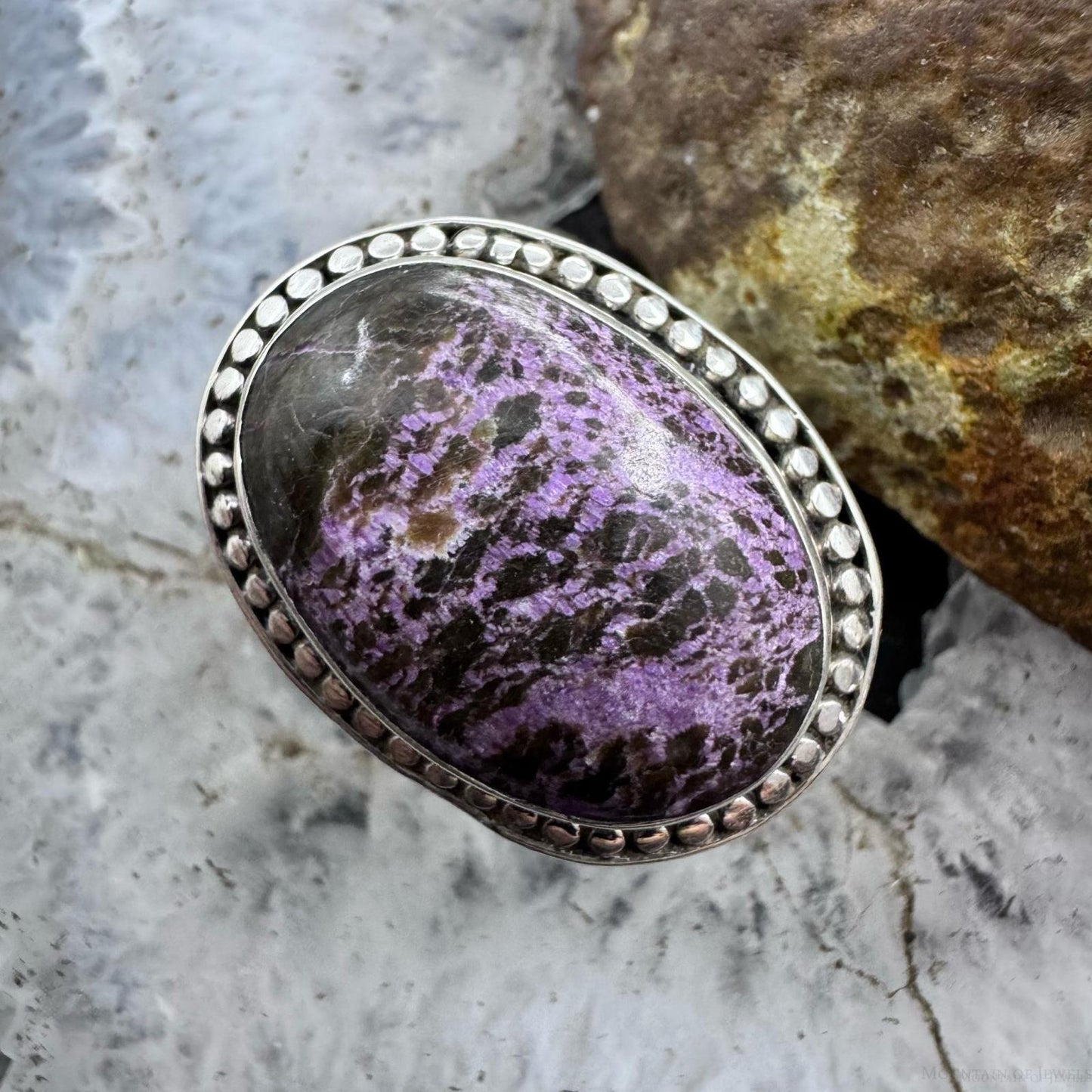 Sterling Silver Southwestern Style Oval Purpurite Decorated Ring Size 8 For Women