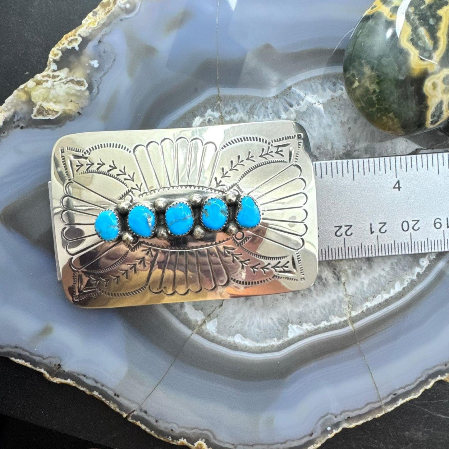 Sterling Silver Native American Turquoise Stamped Belt Buckle For Men