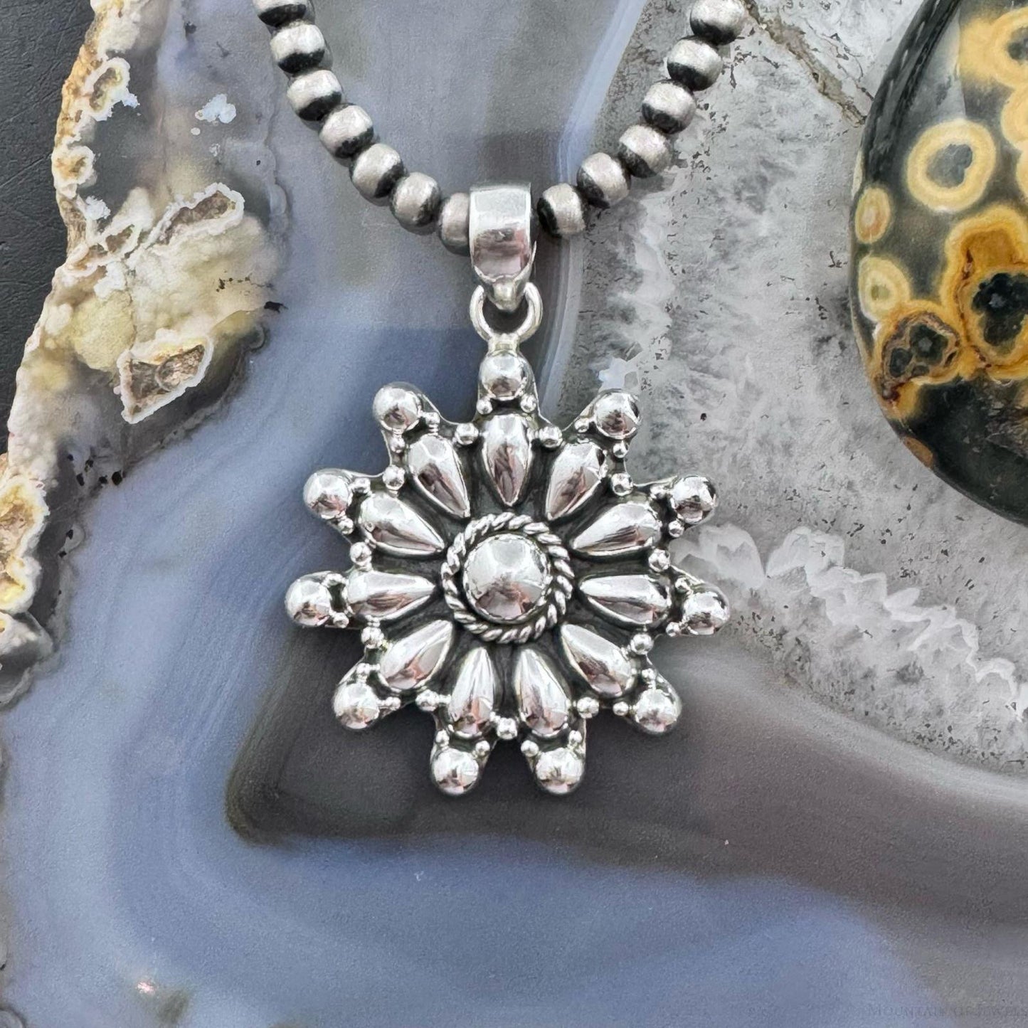 Sterling Silver Southwestern Style Decorated Cluster Floral Pendant For Women